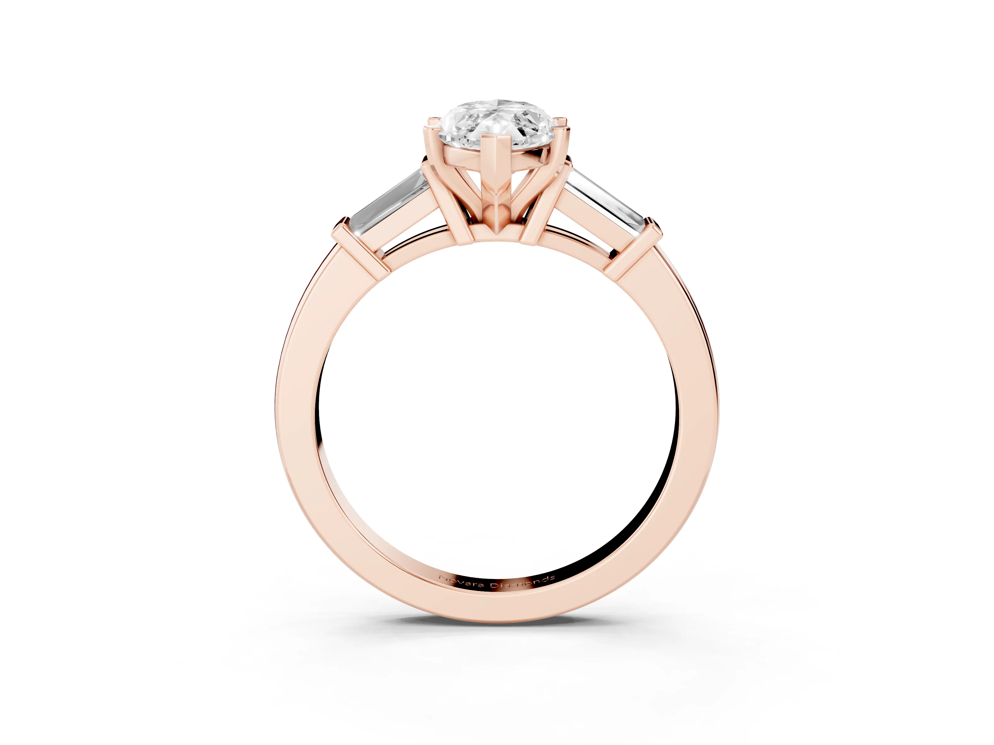 Marquise Cut Diamond Solitaire Ring Set in Rose gold with Tapered Baguette Accents and Prong Setting
