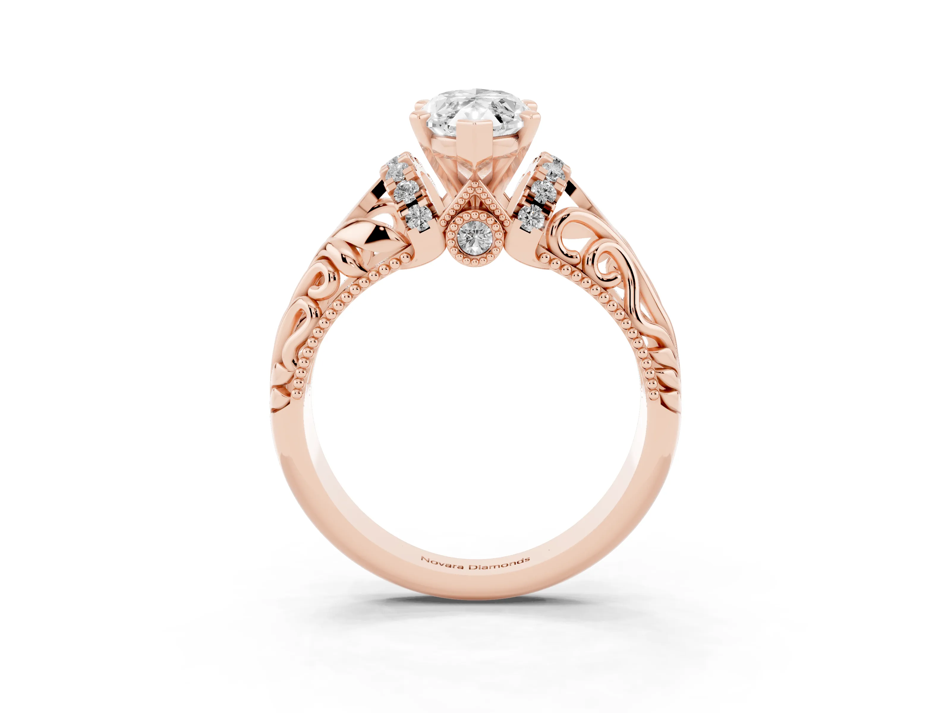 Marquise Cut Diamond Filigree Halo Engagement Ring Set in Rose gold with Prong Setting