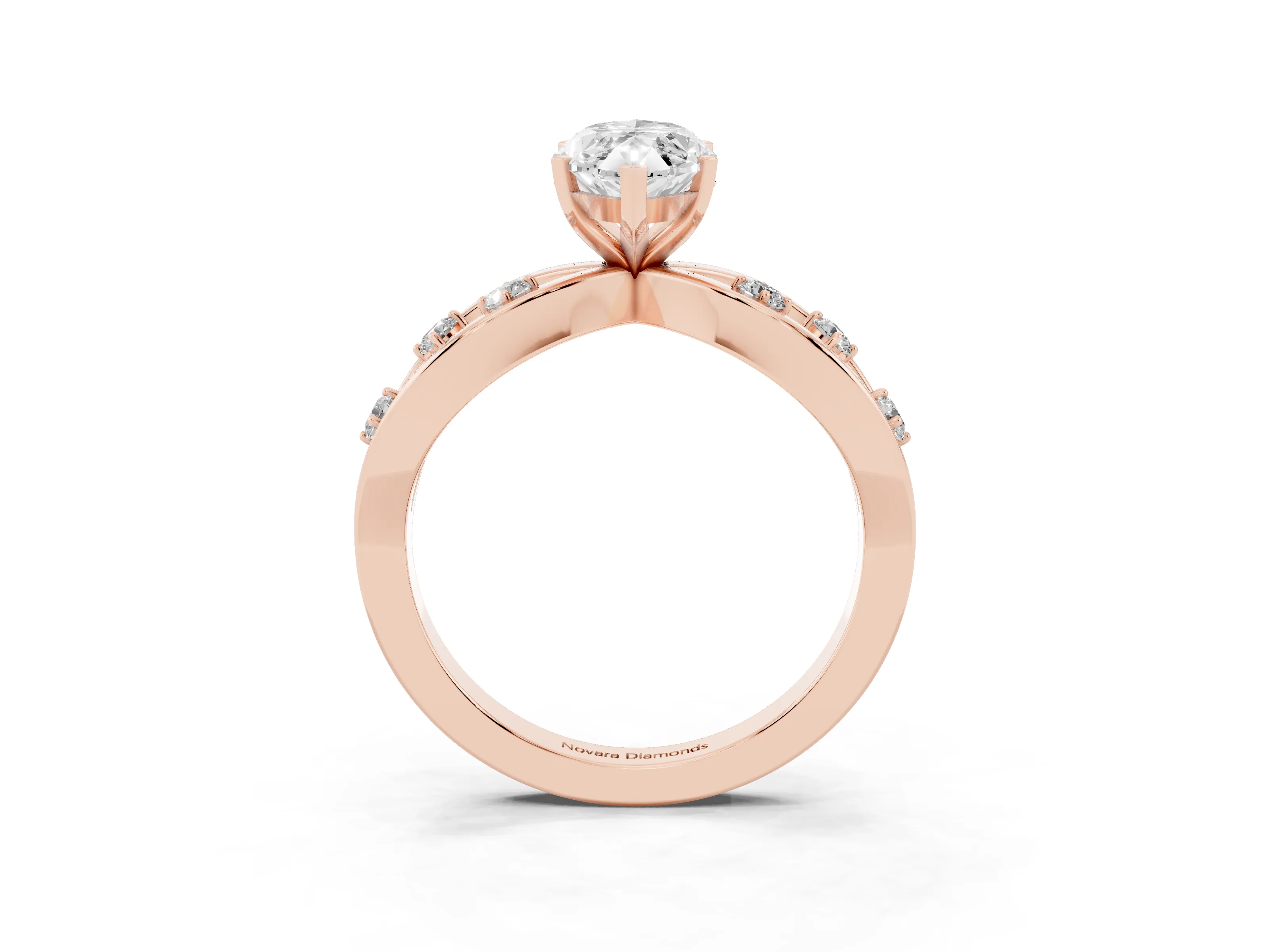 Marquise Cut Diamond Solitaire Ring Set in Rose gold with Side Stones on Criss-Cross Band and Prong Setting