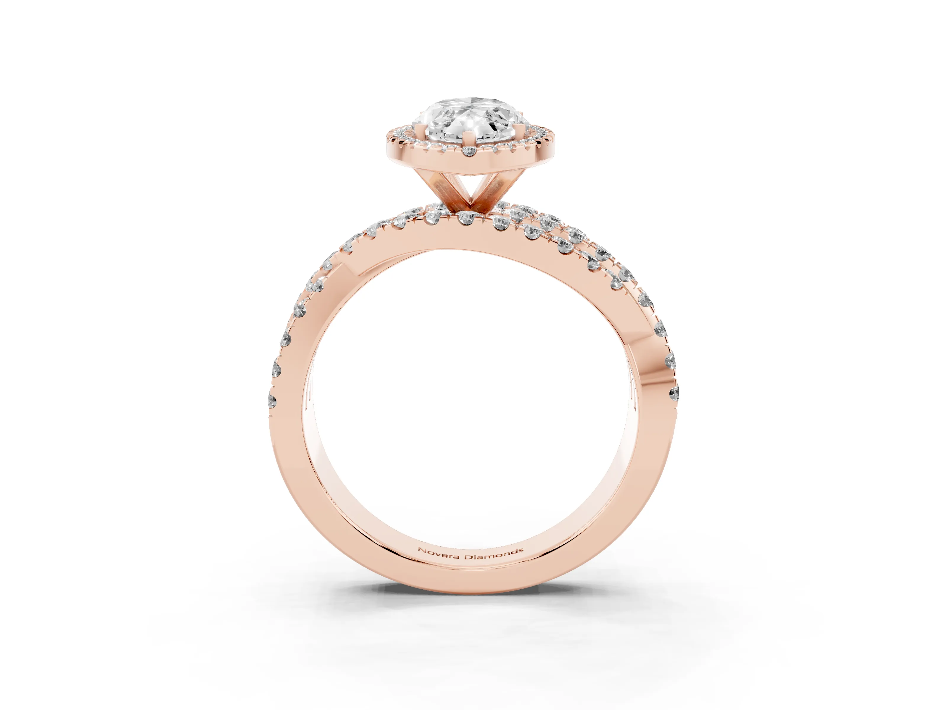 Marquise Cut Diamond Halo Ring Set in Rose gold with Round Crossover Split Shank and Prong Setting