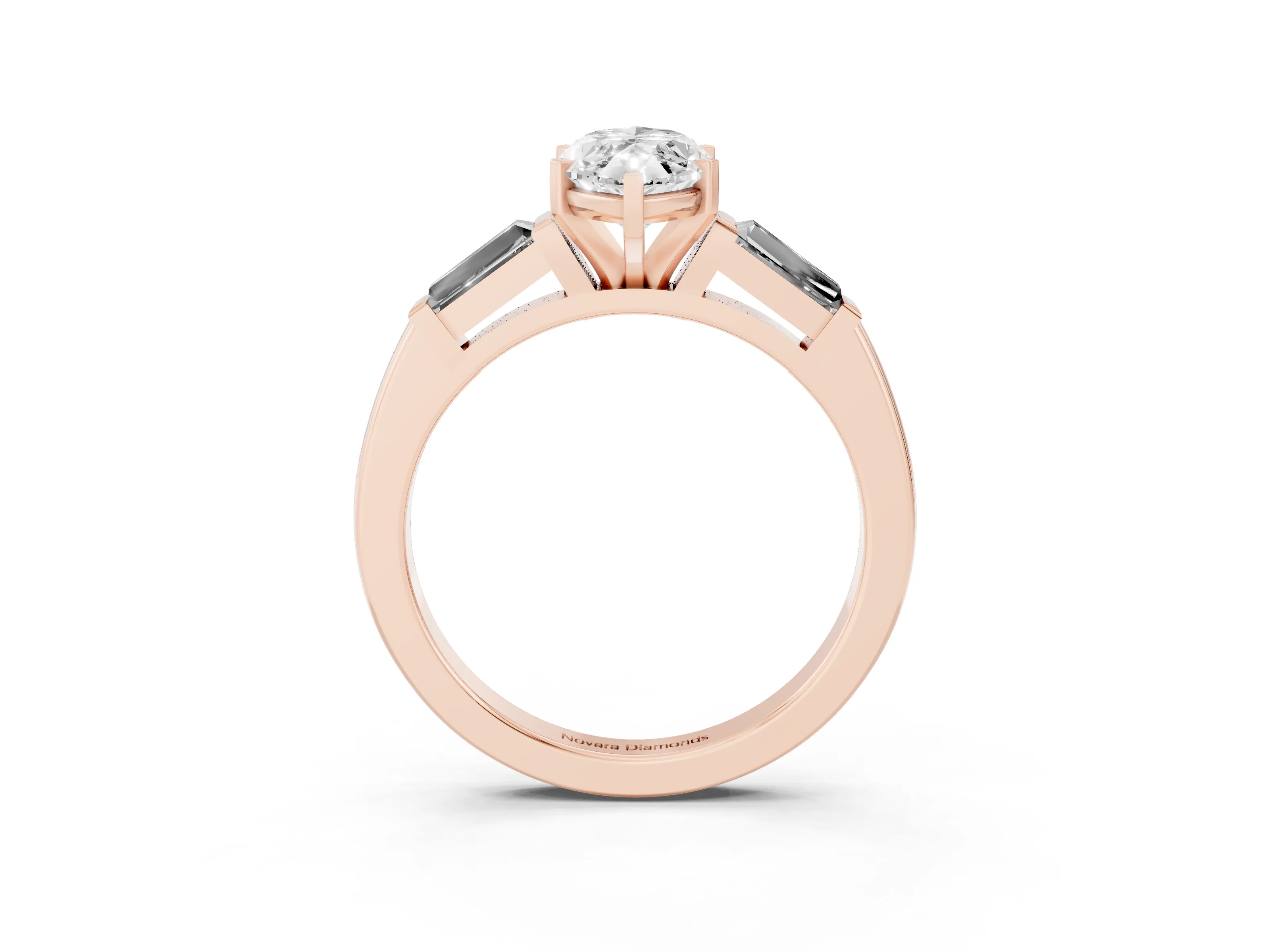 Marquise Cut Diamond Solitaire Ring Set in Rose gold with Tapered Baguette Side Stones and Prong Setting