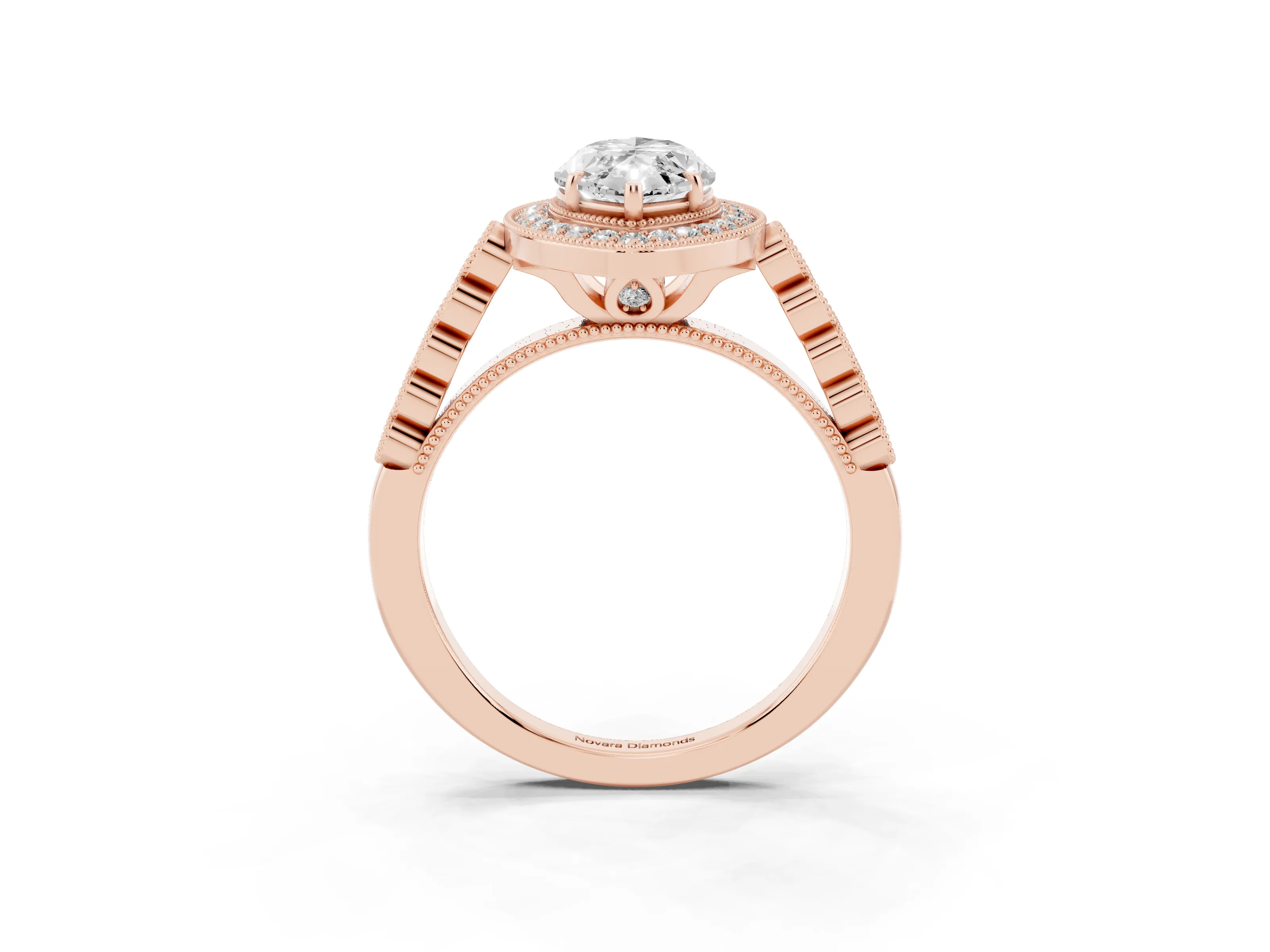 Marquise Cut Diamond Milgrain Halo Solitaire Ring Set in Rose gold with Bezel Set Side Stones and Pavé Band