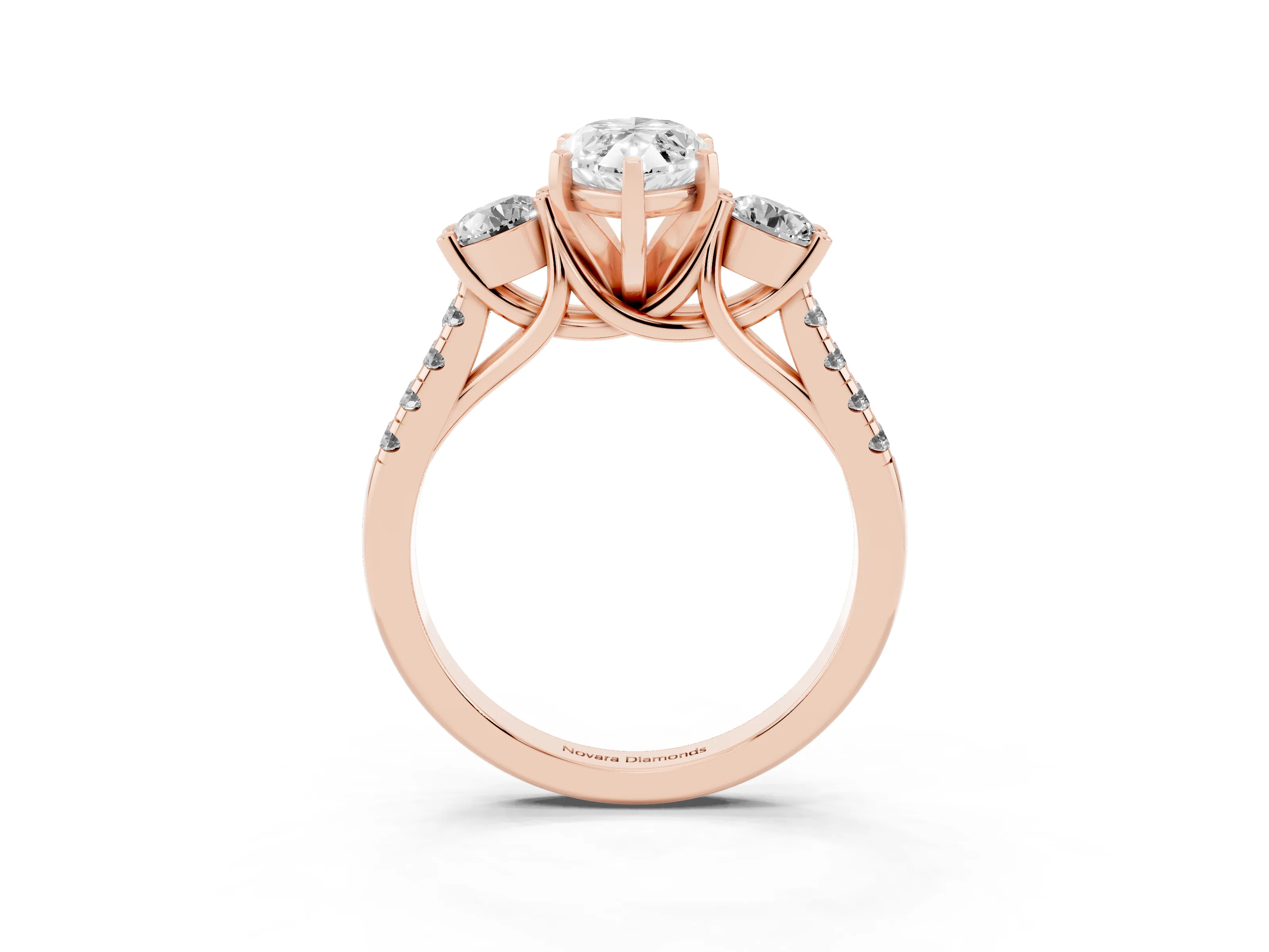 Three-Stone Marquise Cut Diamond Pavé Band Ring Set in Rose gold with Prong-Set Trio
