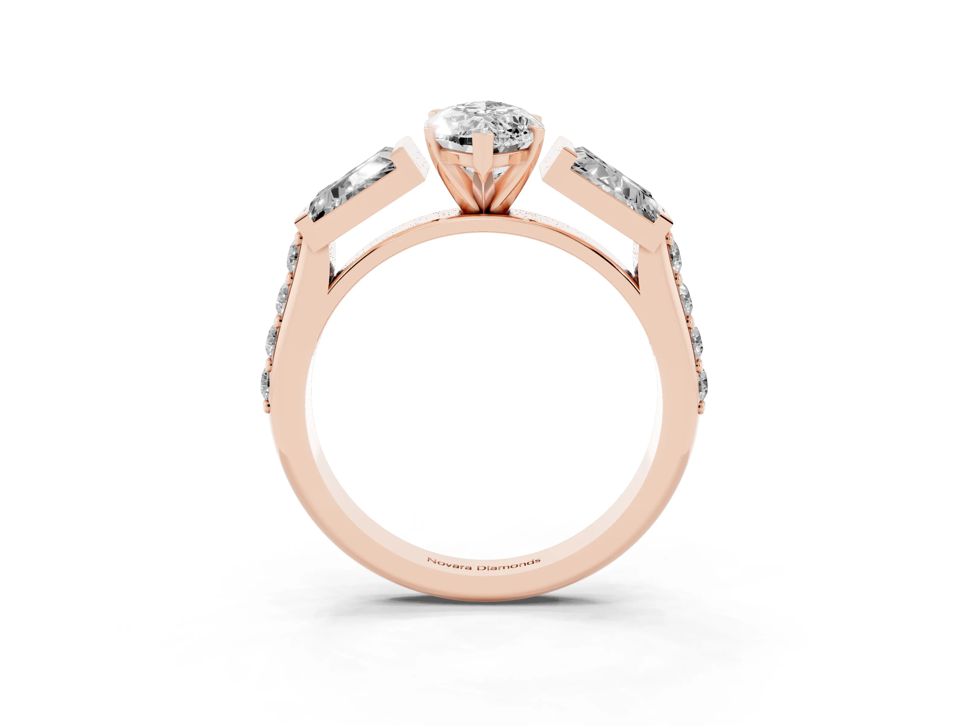 Marquise Cut Diamond Engagement Ring Set in Rose gold with Baguette Side Stones and Channel Set Band