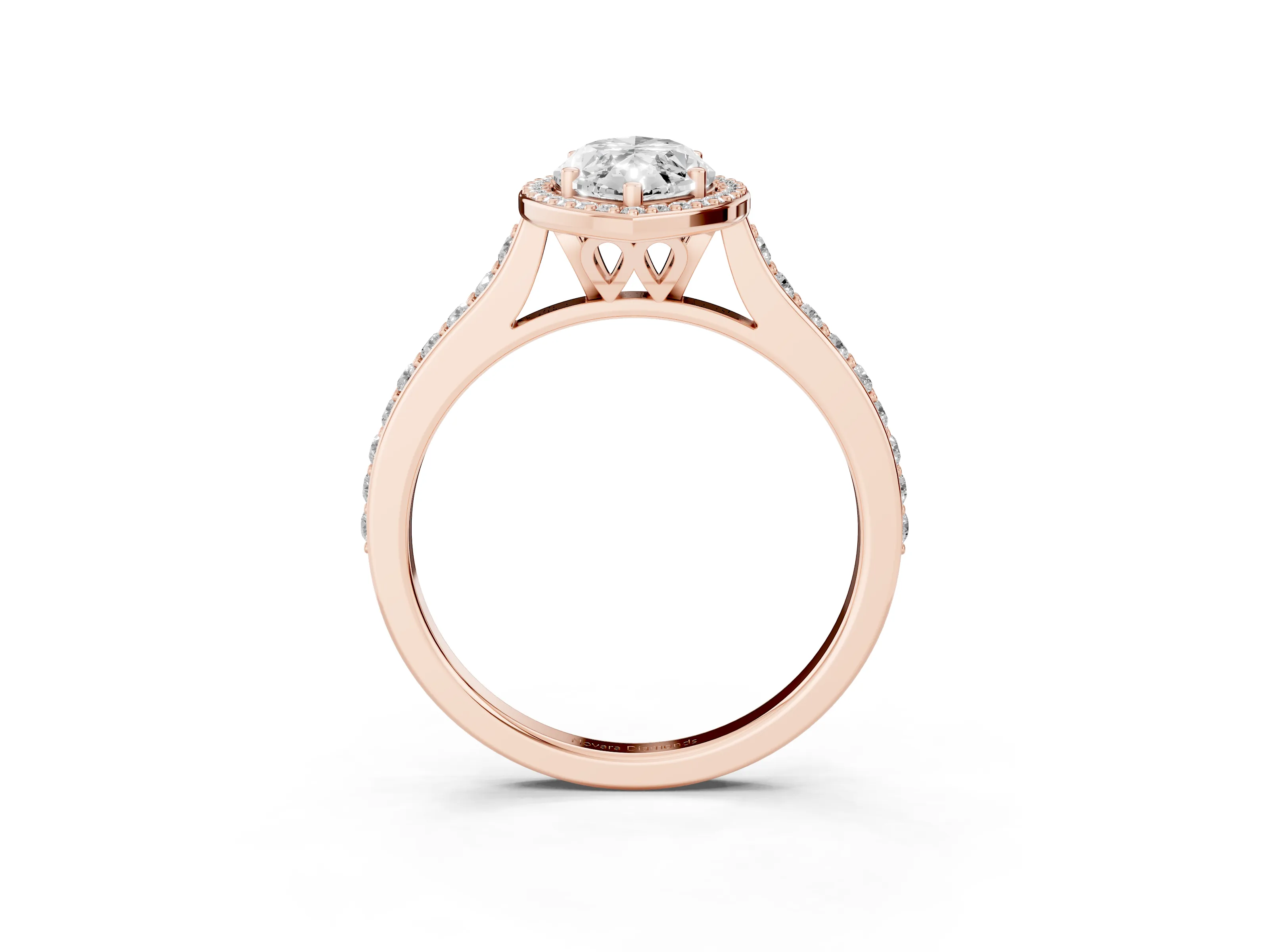 Marquise Cut Diamond Halo Engagement Ring Set in Rose gold with Round Pavé Shoulders and Heart Gallery