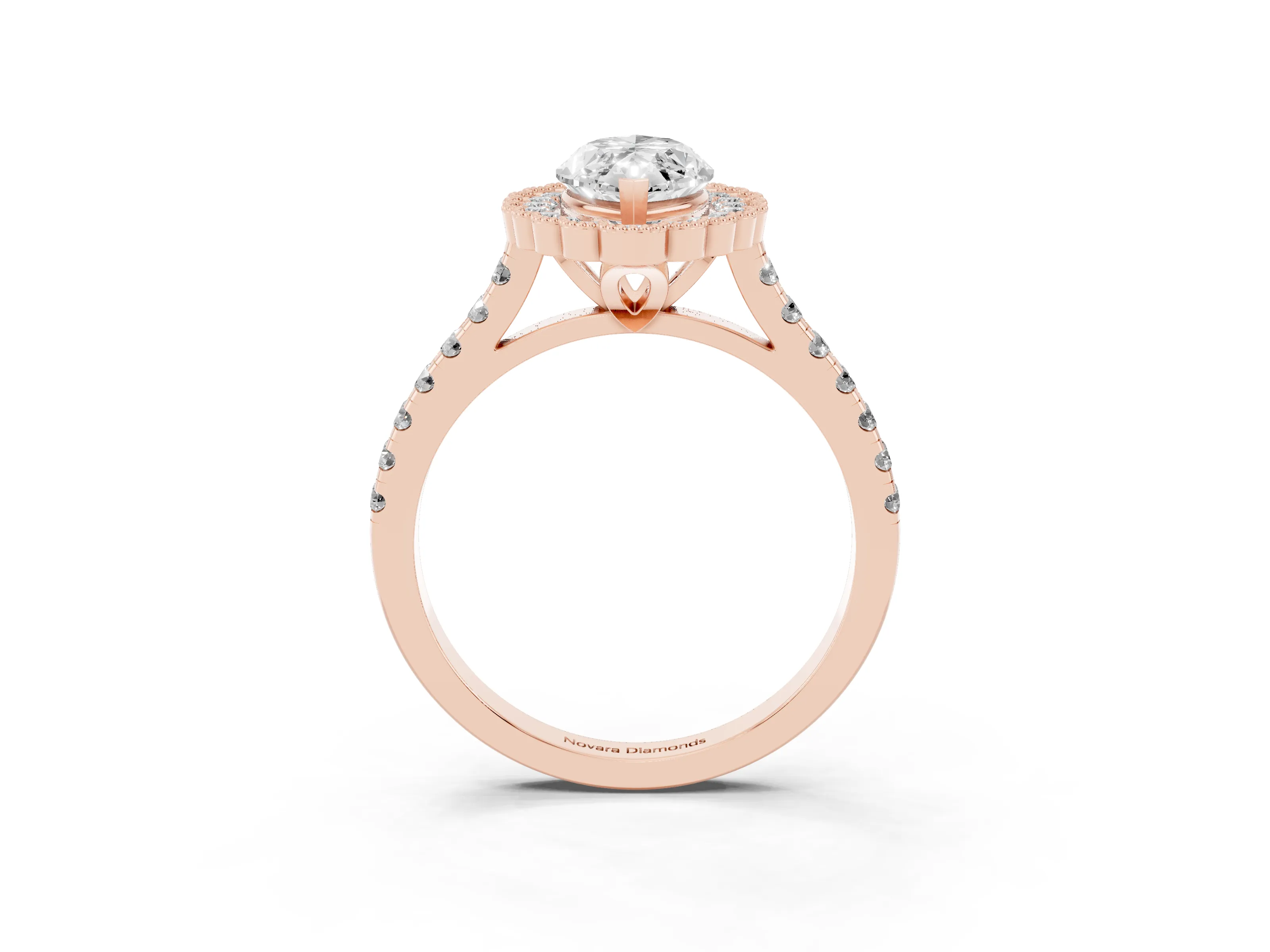 Marquise Cut Diamond Milgrain Floral Halo Engagement Ring Set in Rose gold with Pavé Band