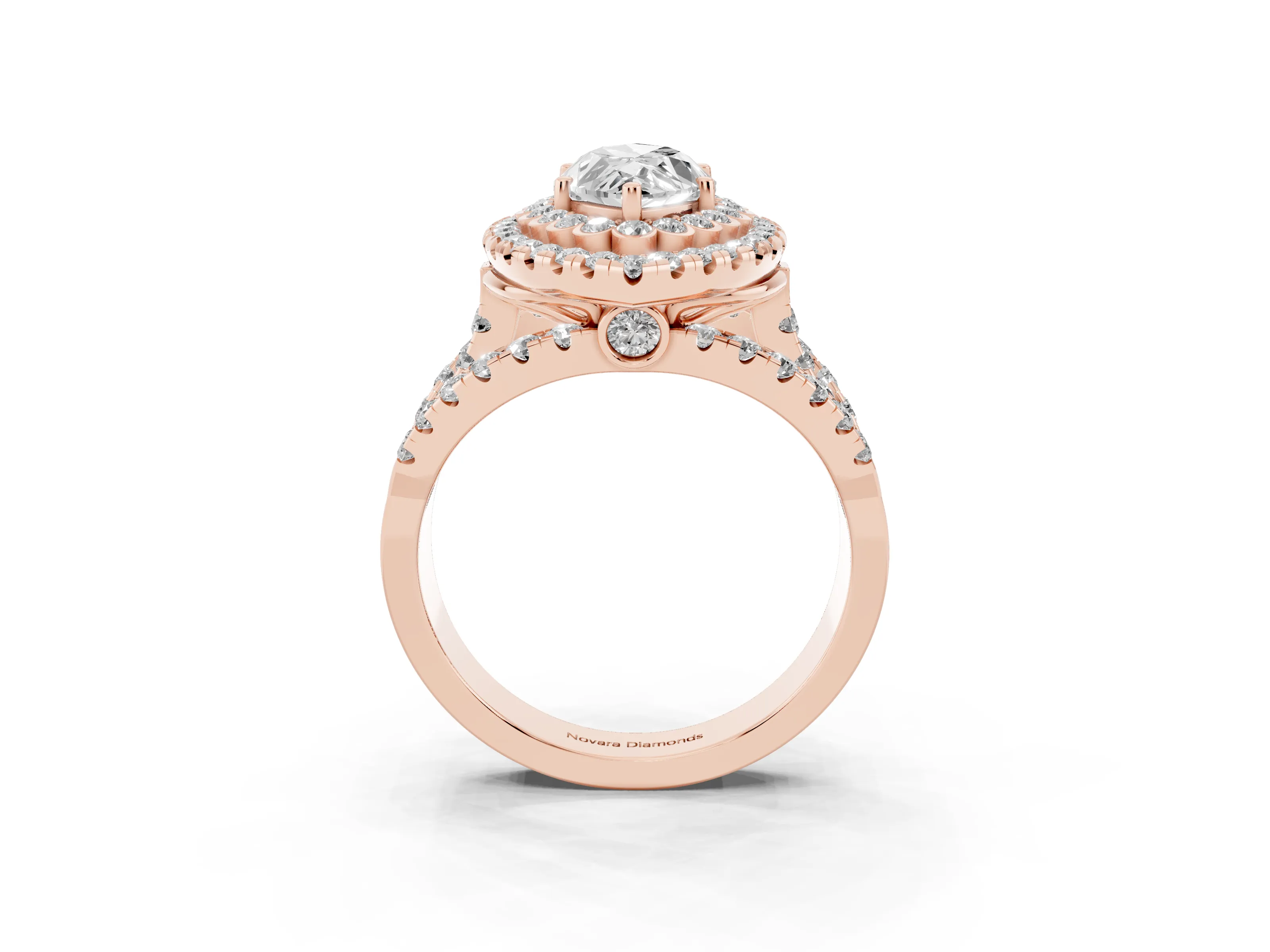Marquise Cut Diamond Double Halo Ring Set in Rose gold with Round Pavé Split Shank