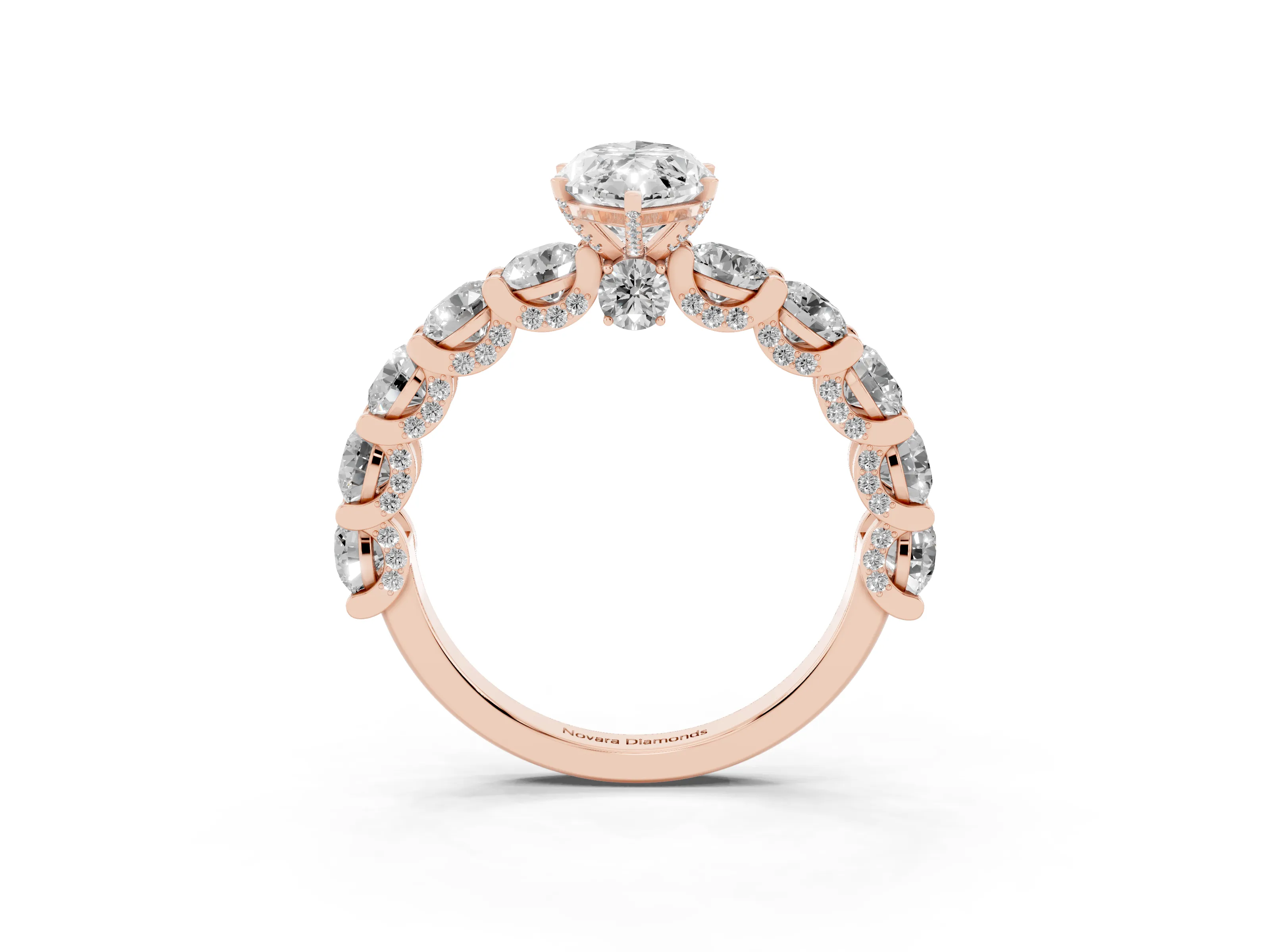 Marquise Cut Diamond Side Stone Ring Set in Rose gold with Alternating Round and Oval Side Stones