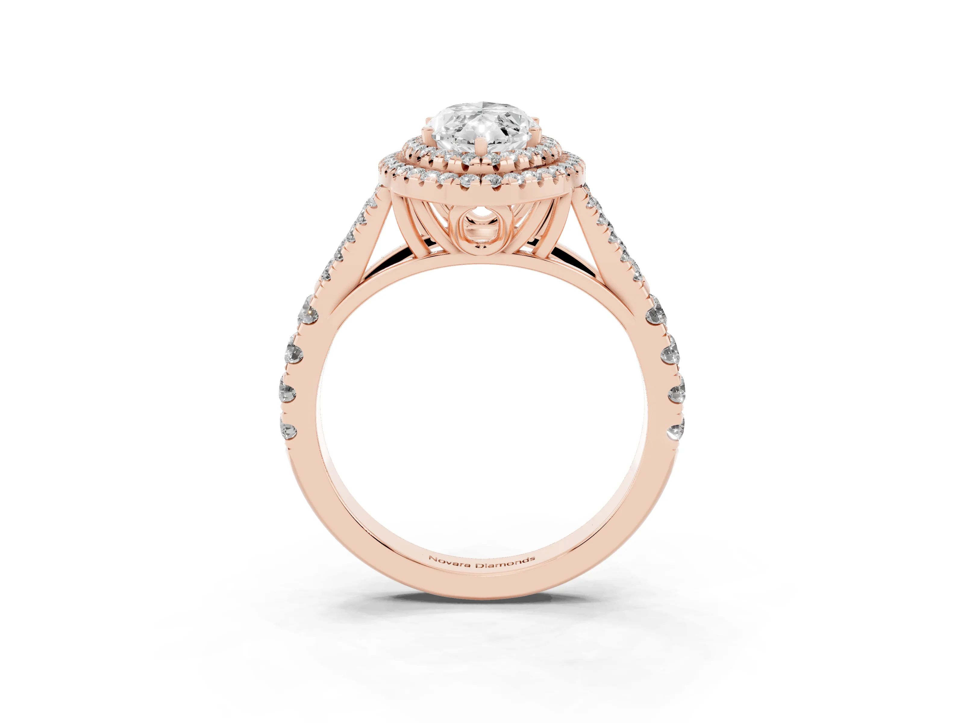 Marquise Cut Diamond Pavé Split Shank Double Halo Engagement Ring Set in Rose gold