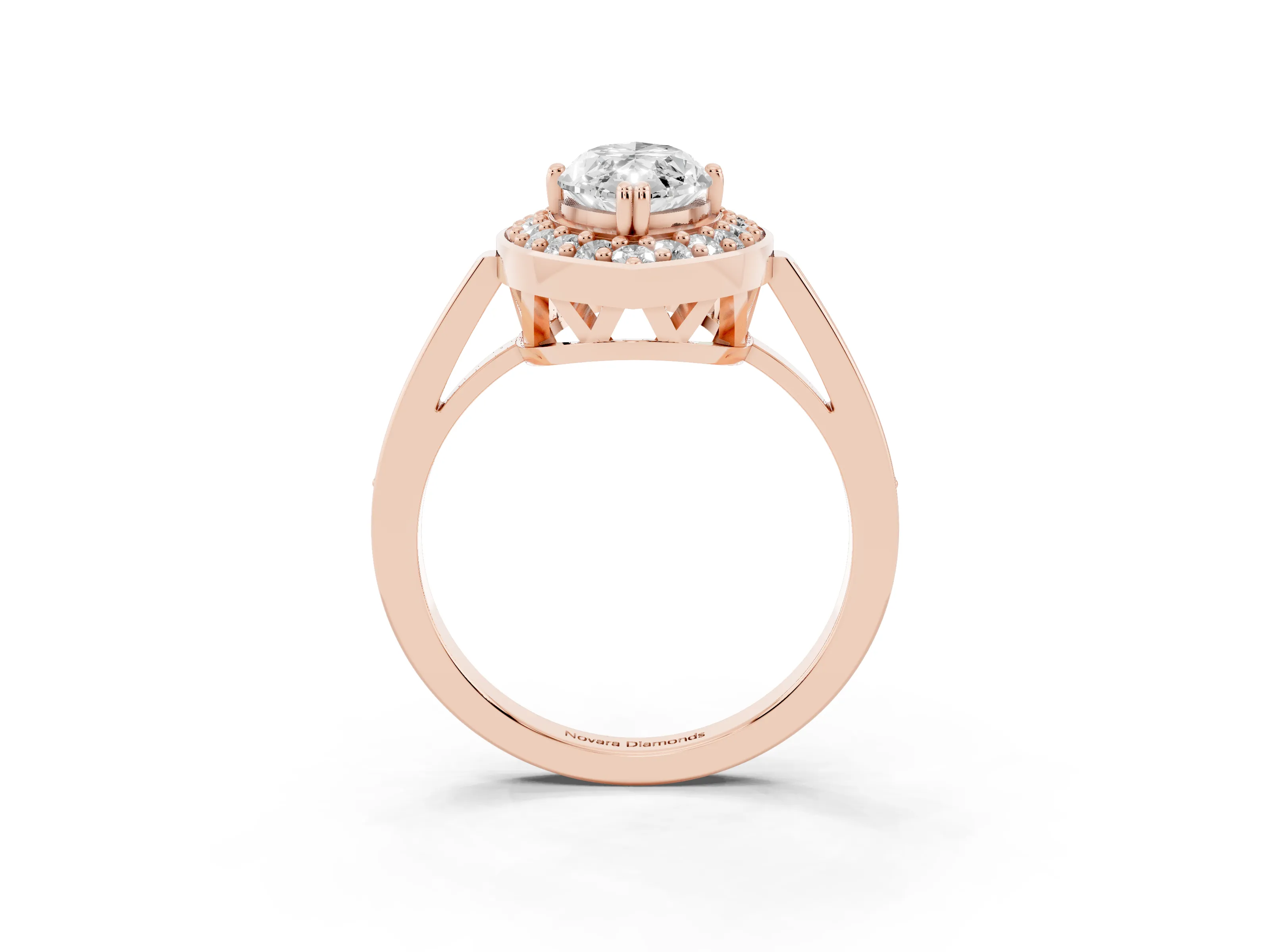 Marquise Cut Diamond Halo Ring Set in Rose gold with Accent-Lined Split Shank and Prong Setting