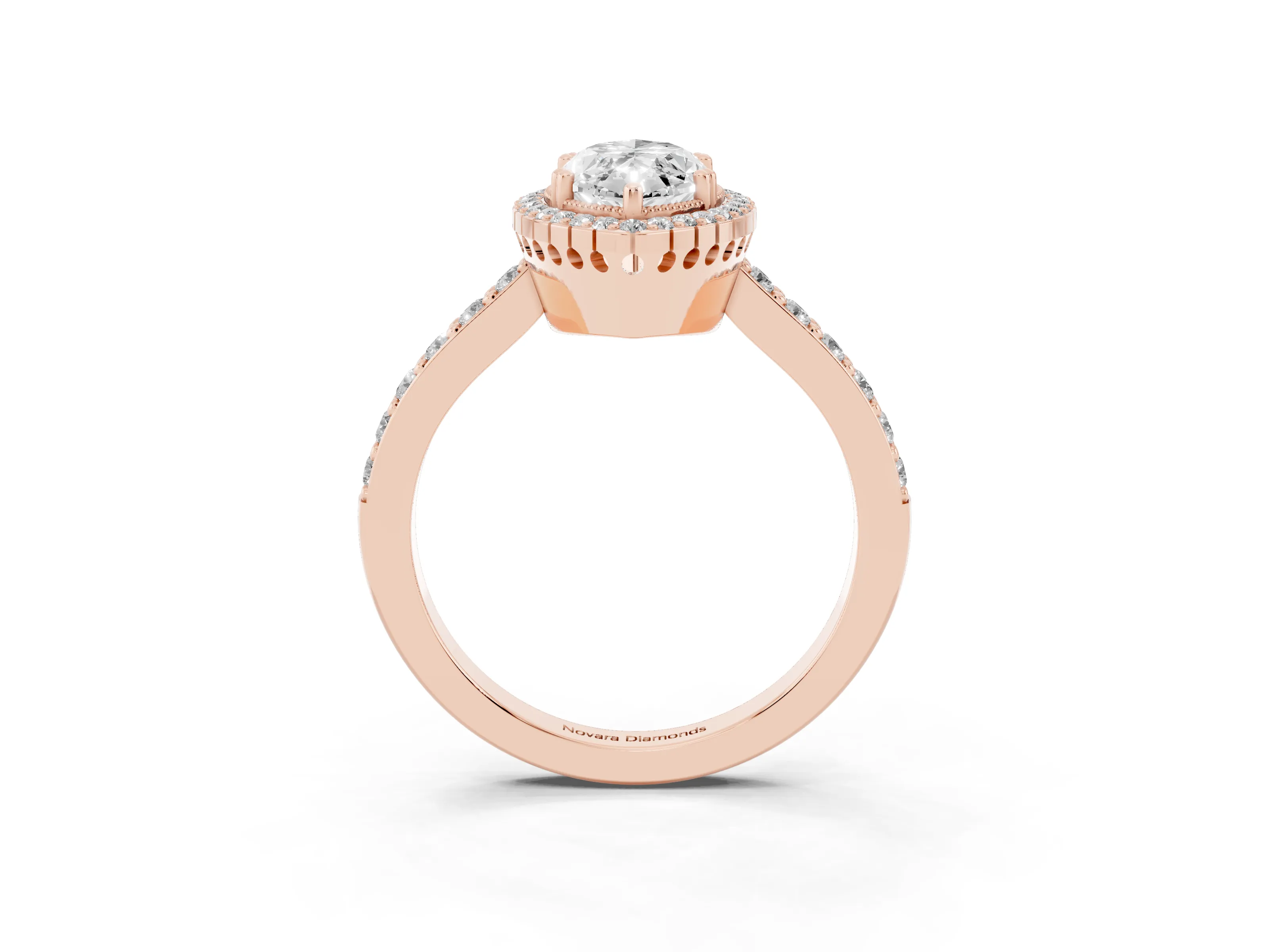 Marquise Cut Diamond Halo Engagement Ring Set in Rose gold with Milgrain Detail and Pavé Band