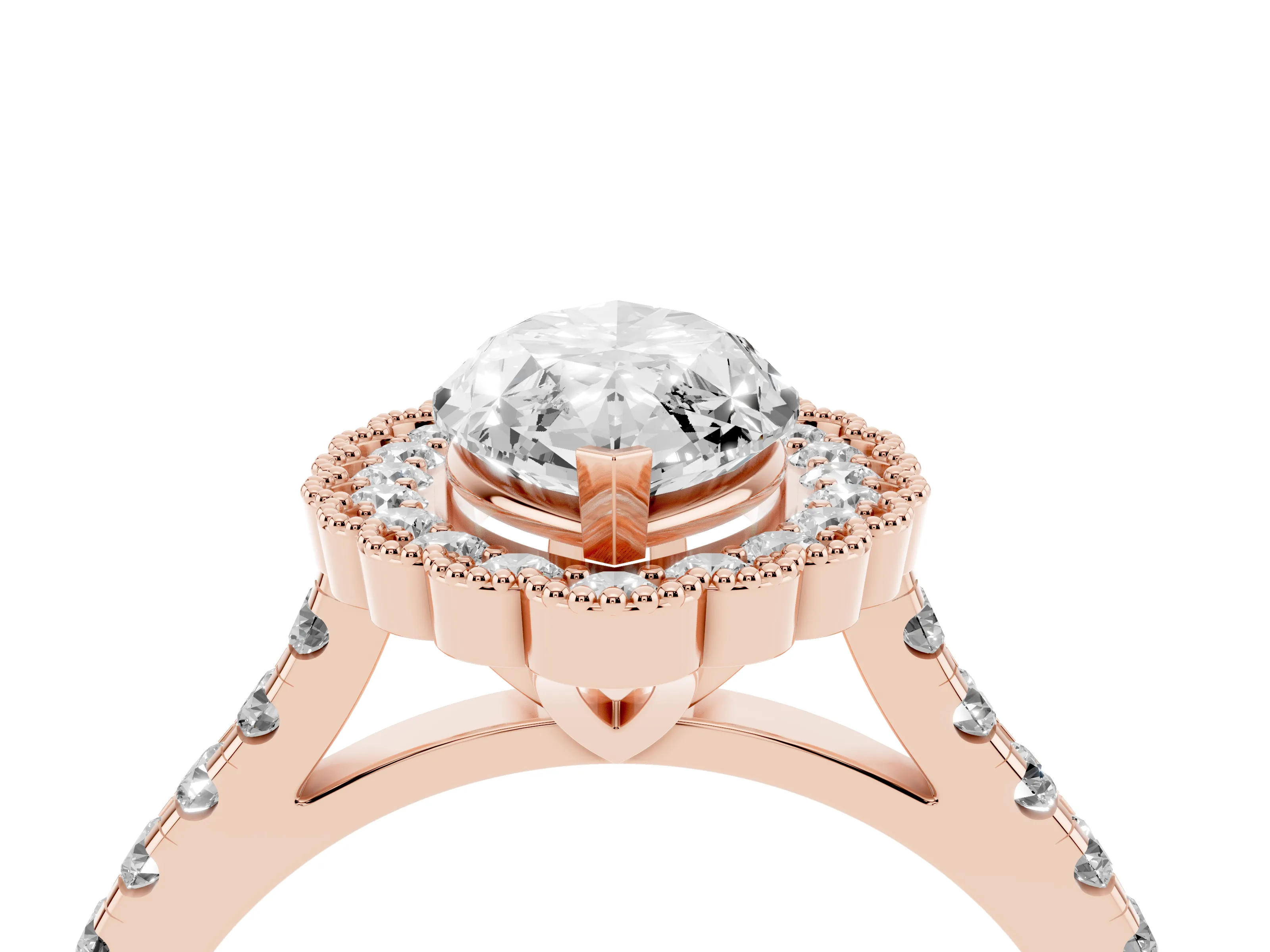 Marquise Cut Diamond Milgrain Floral Halo Engagement Ring Set in Rose gold with Pavé Band