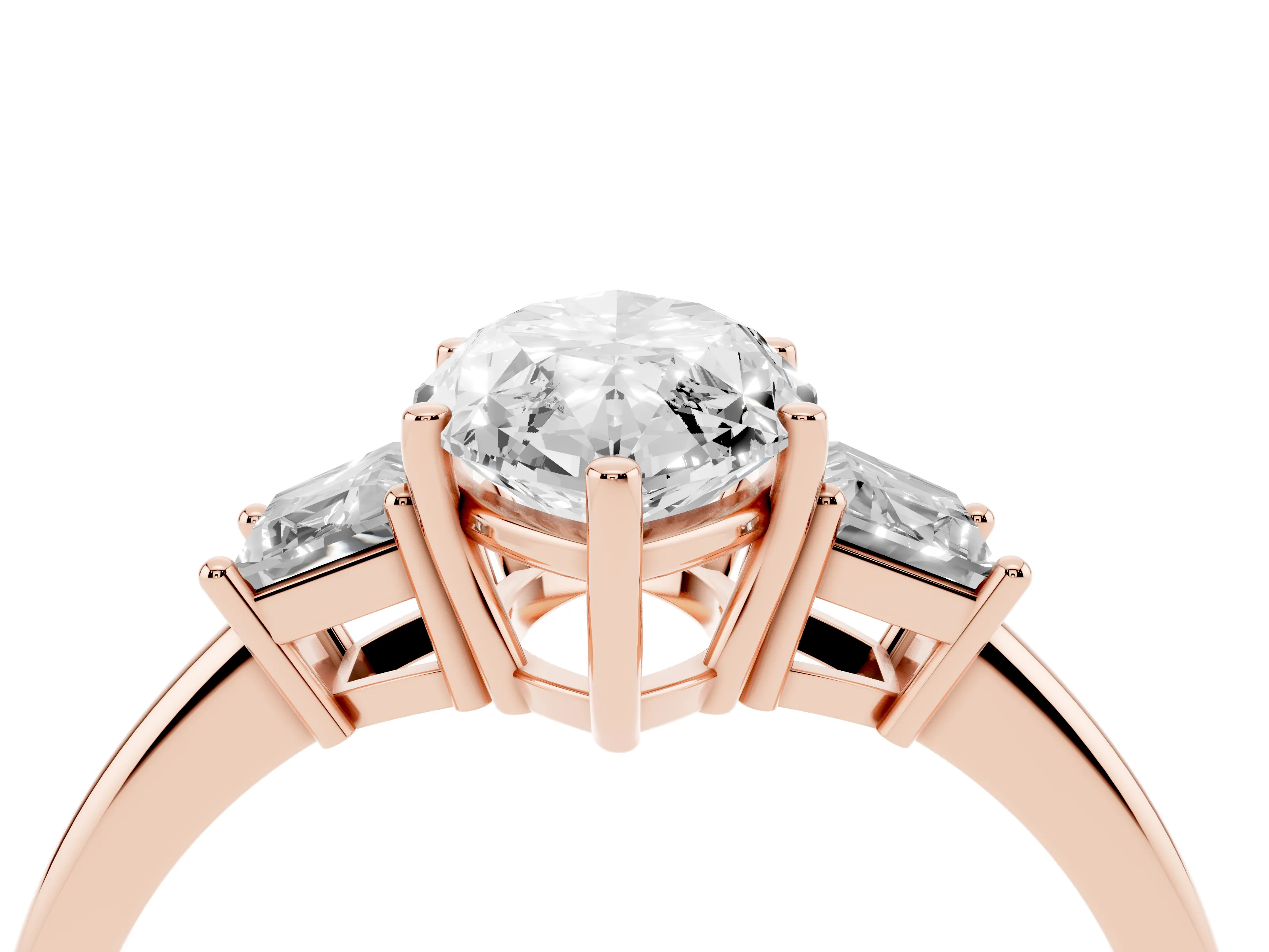 Marquise Cut Diamond Three-Stone Ring Set in Rose gold with Trapezoid Side Stones and Prong Setting