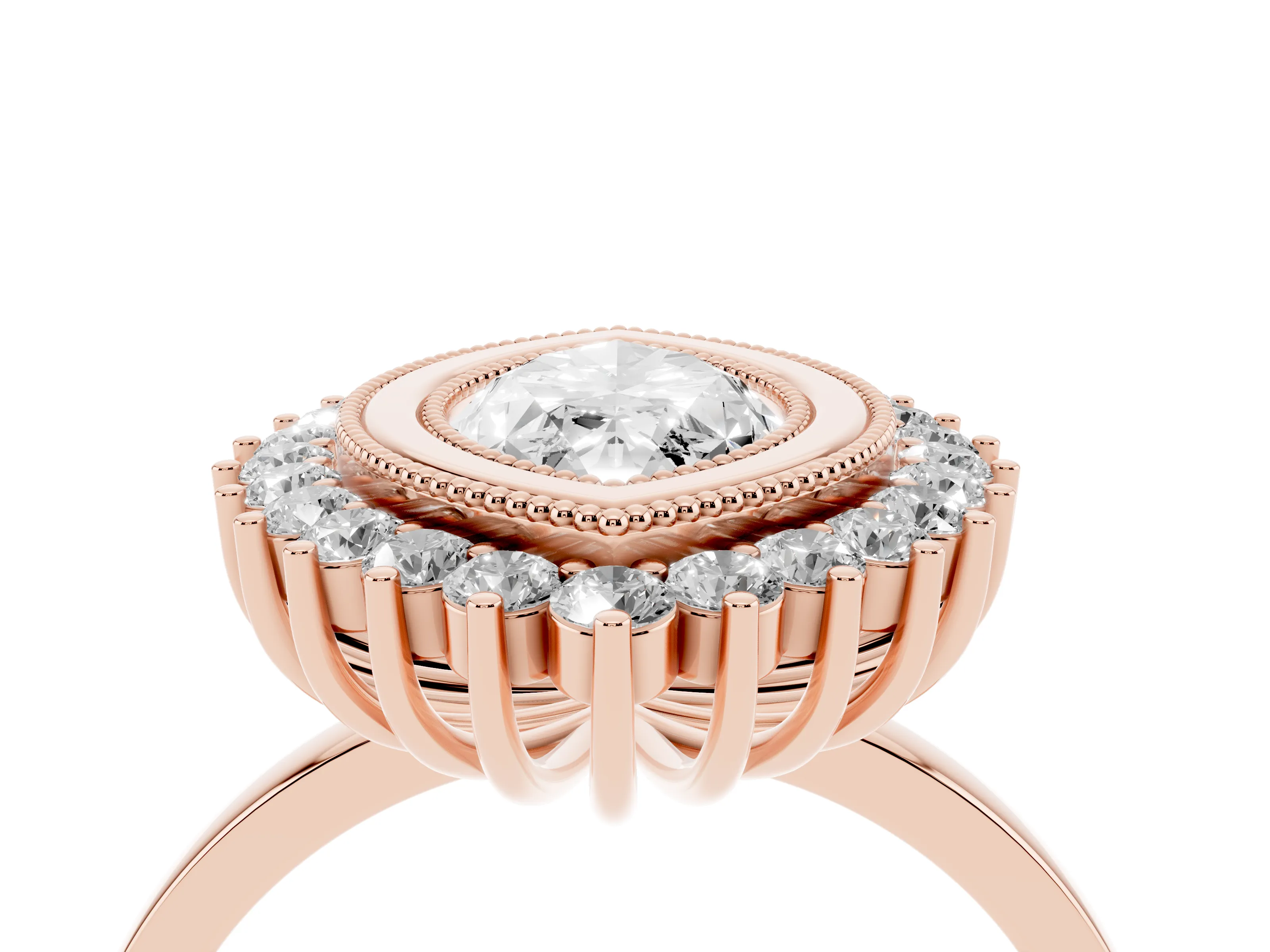 Marquise Cut Diamond Halo Ring Set in Rose gold with Milgrain Edge and Round Prong Setting