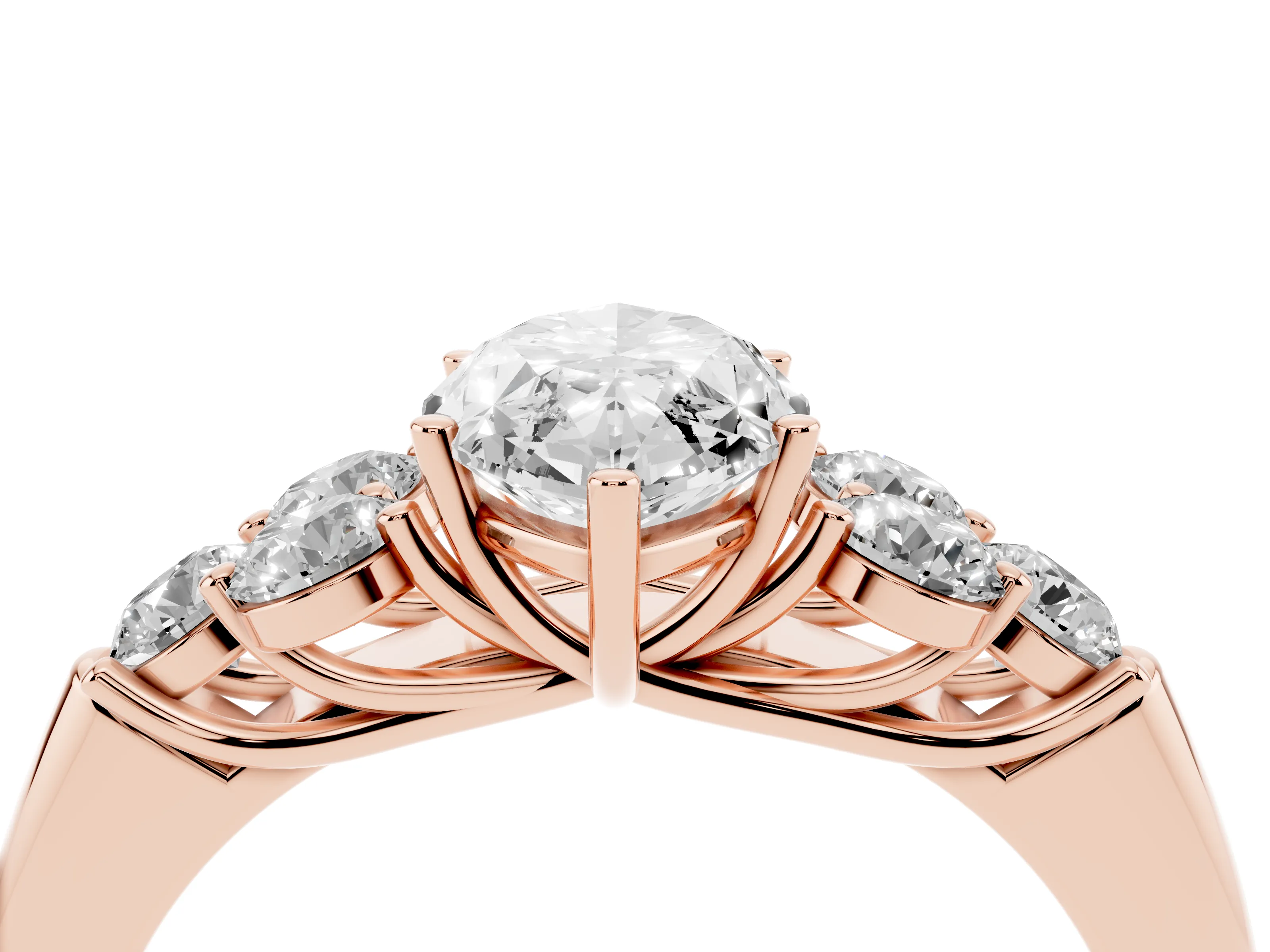 Marquise Cut Diamond Cluster Ring Set in Rose gold with Round Accent Stones and Prong Setting on a Plain Band
