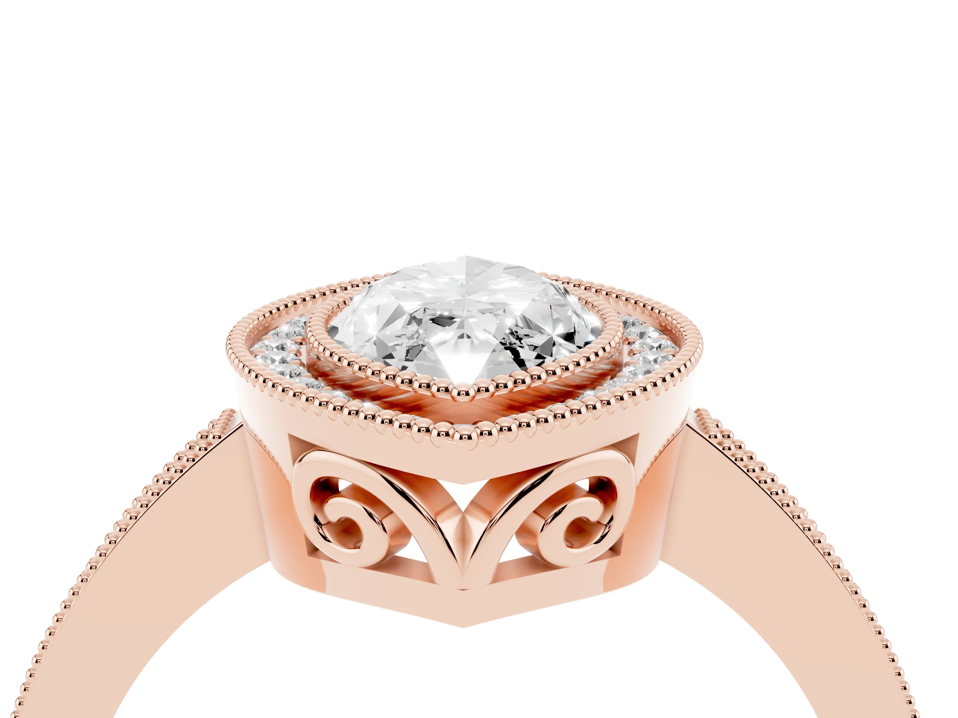 Marquise Cut Diamond Halo Ring Set in Rose gold with Pavé Band and Milgrain-Edged Prongs