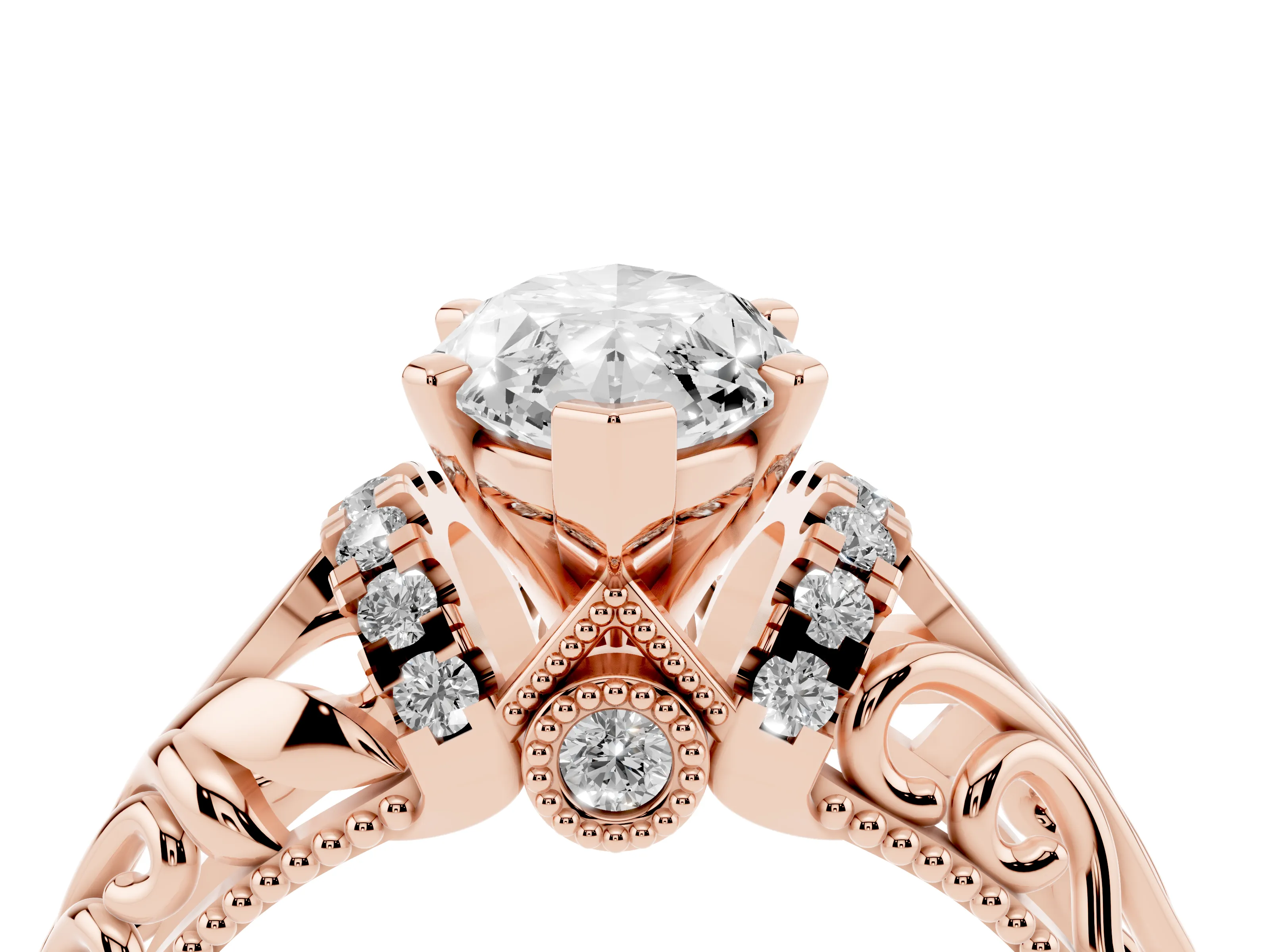 Marquise Cut Diamond Filigree Halo Engagement Ring Set in Rose gold with Prong Setting