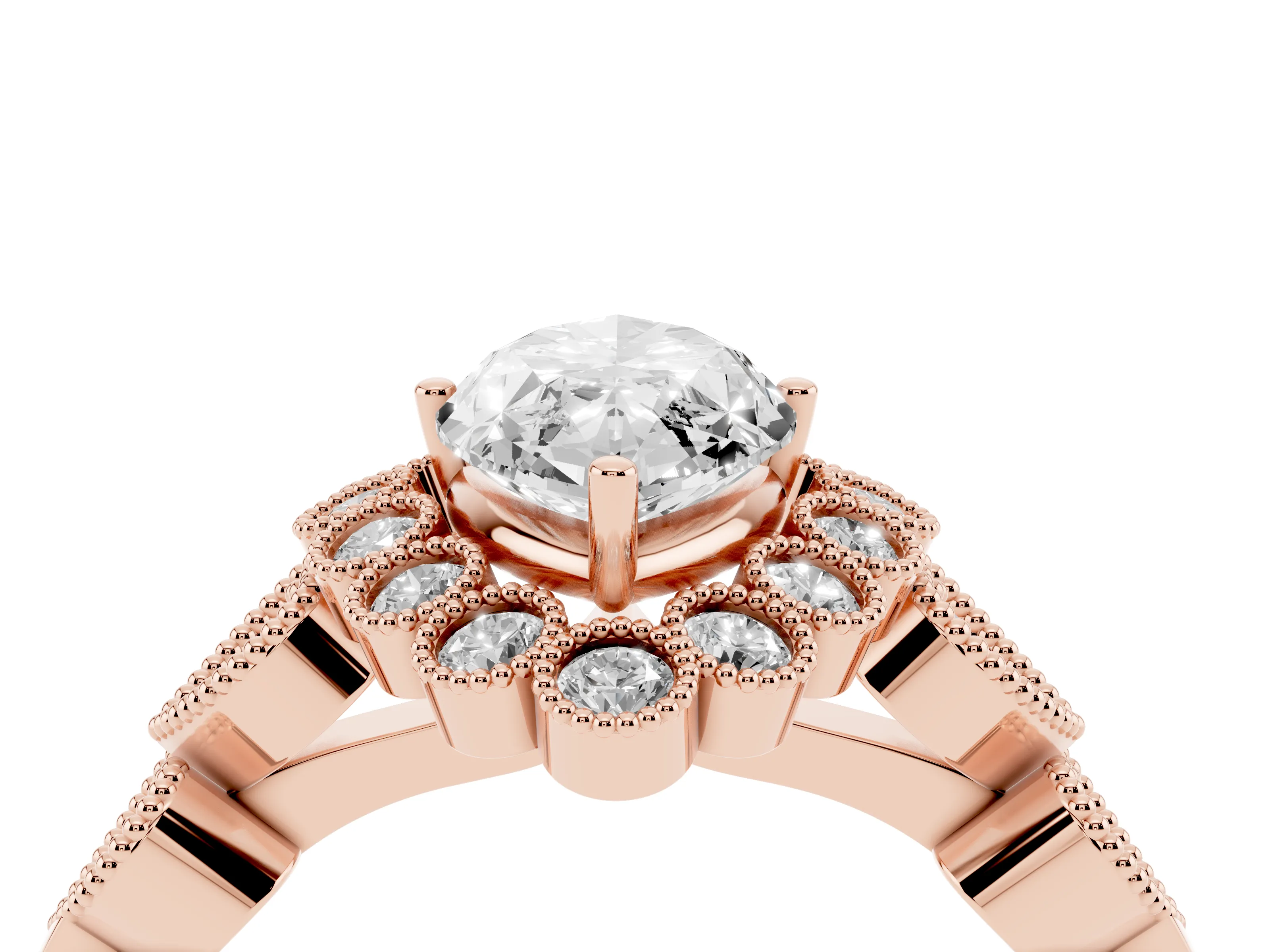 Marquise Cut Diamond Solitaire Ring Set in Rose gold with Milgrain Pavé Heart Band