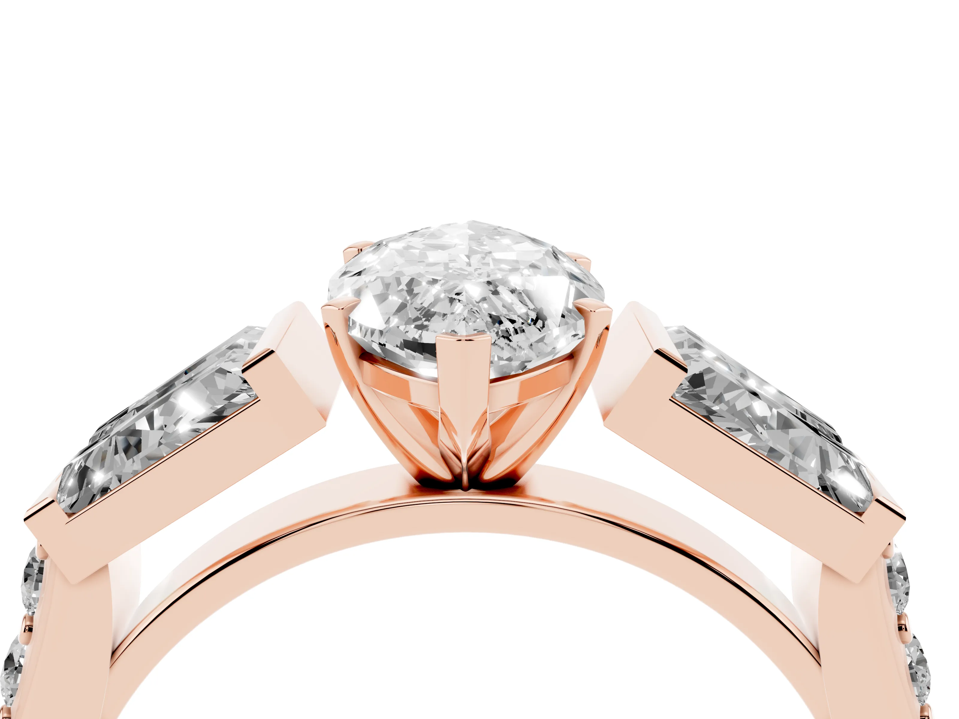 Marquise Cut Diamond Engagement Ring Set in Rose gold with Baguette Side Stones and Channel Set Band