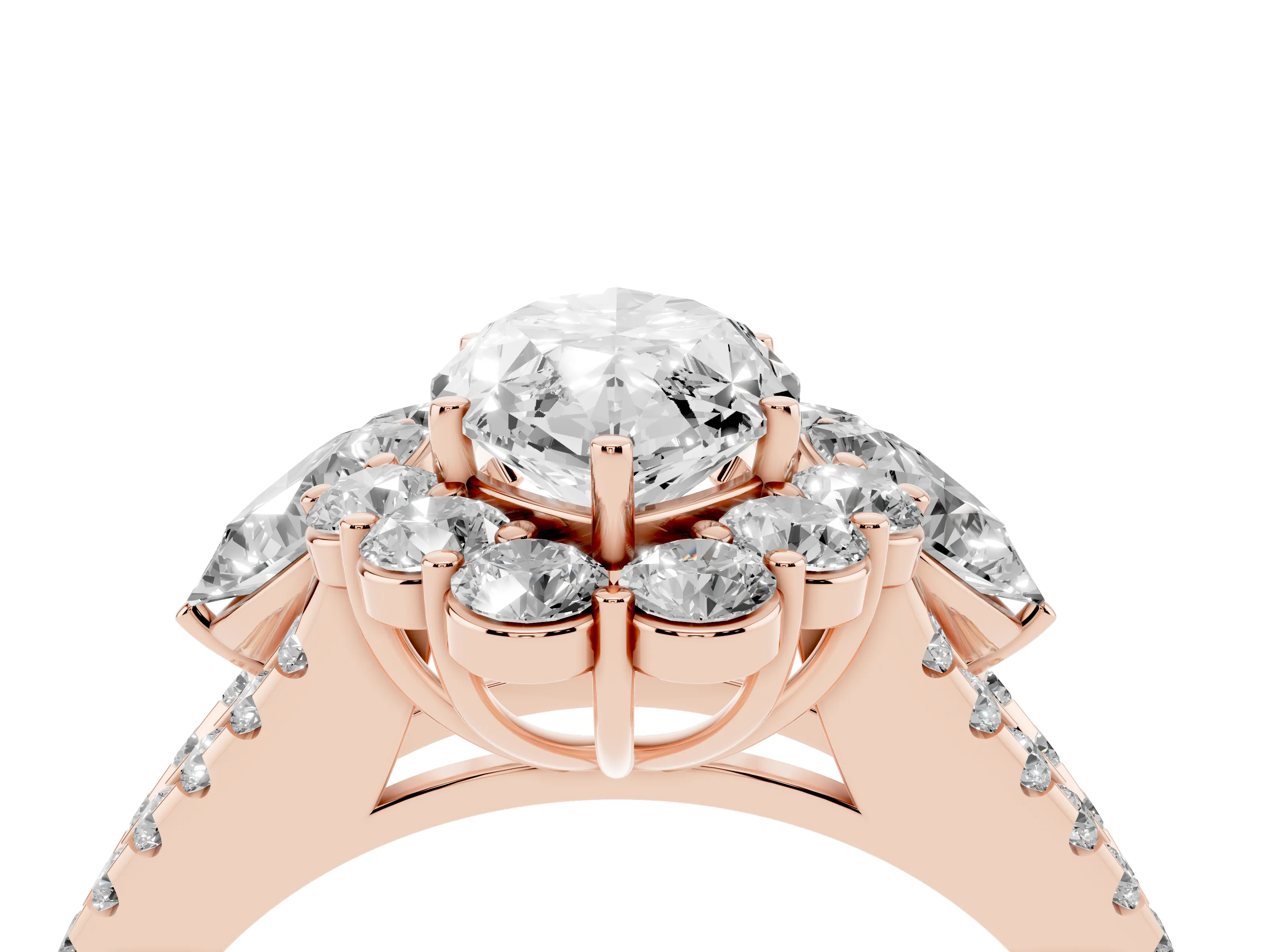 Marquise Cut Diamond Halo Split Shank Engagement Ring Set in Rose gold with Prong-Held Center Stone