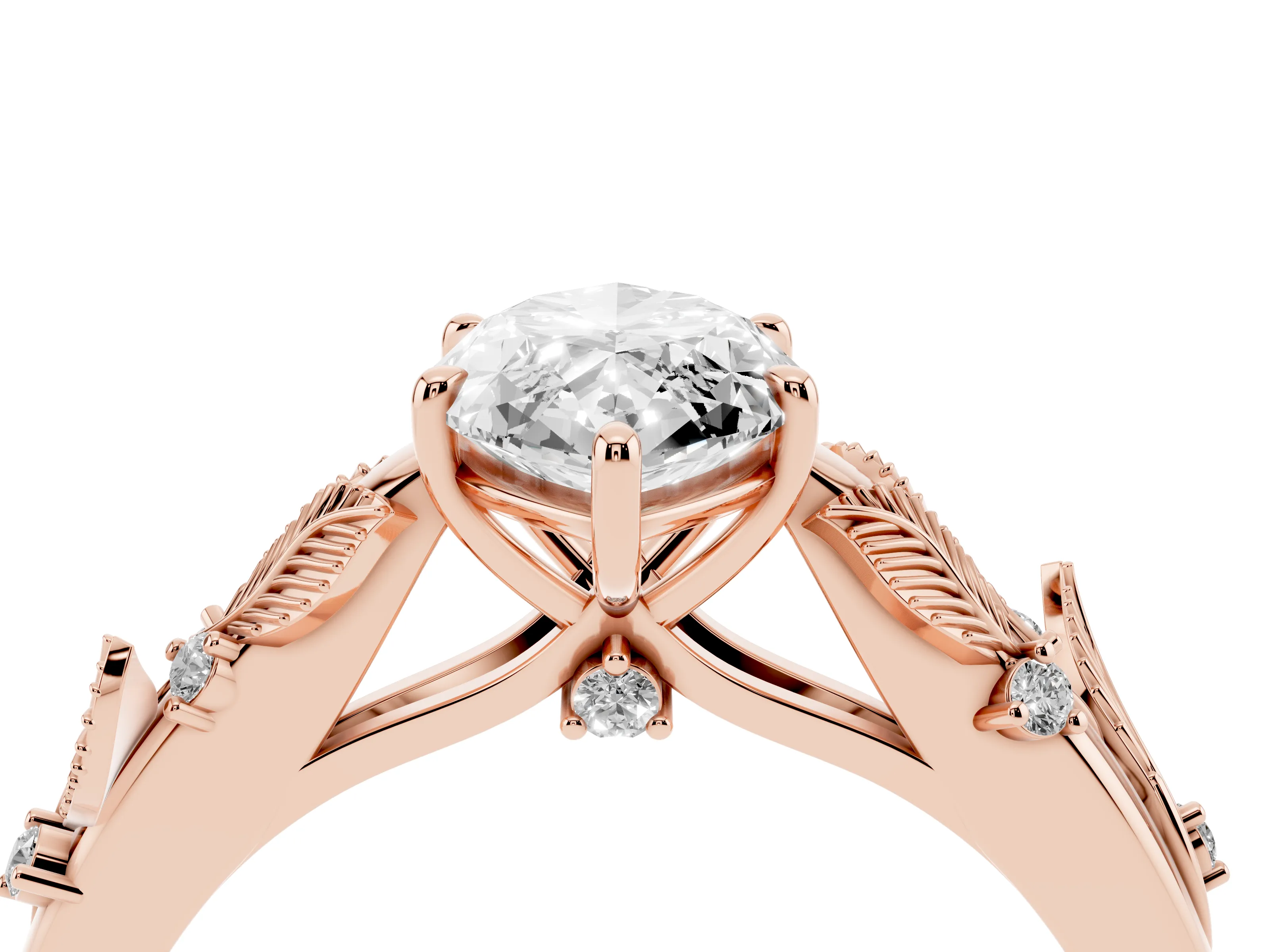Marquise Cut Diamond Solitaire Ring Set in Rose gold with Leaf Motif Band
