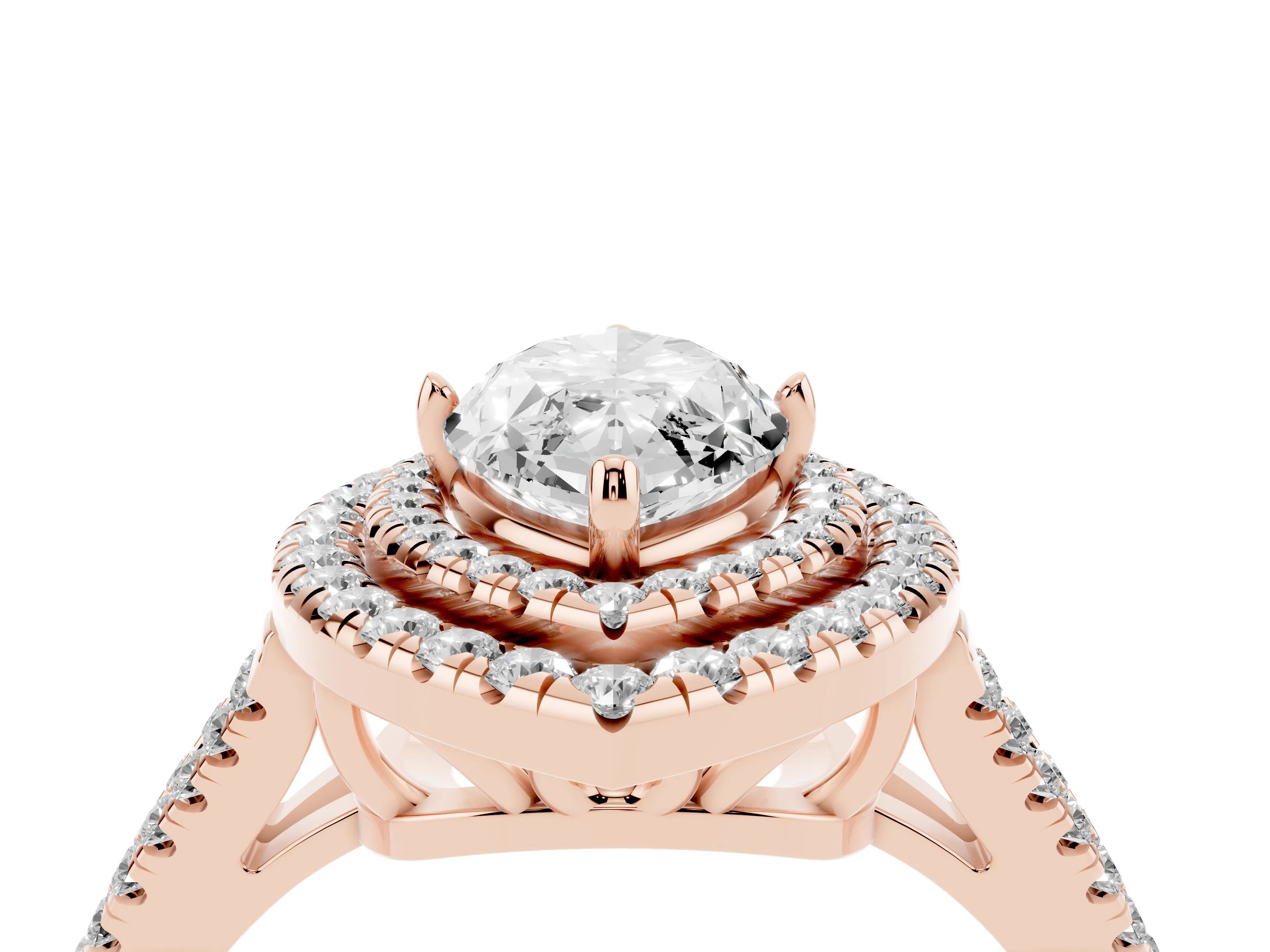 Marquise Cut Diamond Double Halo Ring Set in Rose gold with Pavé Band