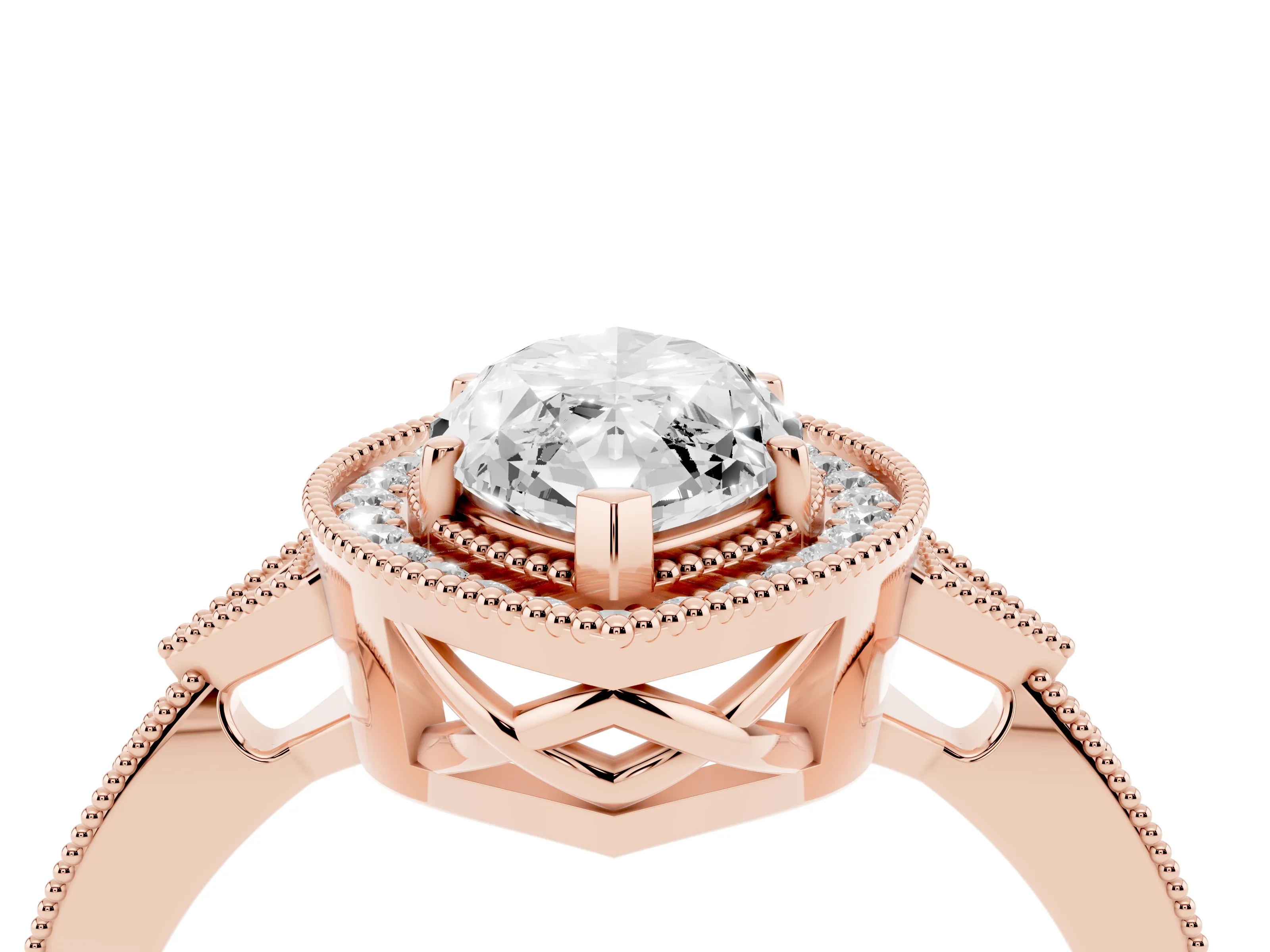 Marquise Cut Diamond Halo Engagement Ring Set in Rose gold with Milgrain Pavé Band