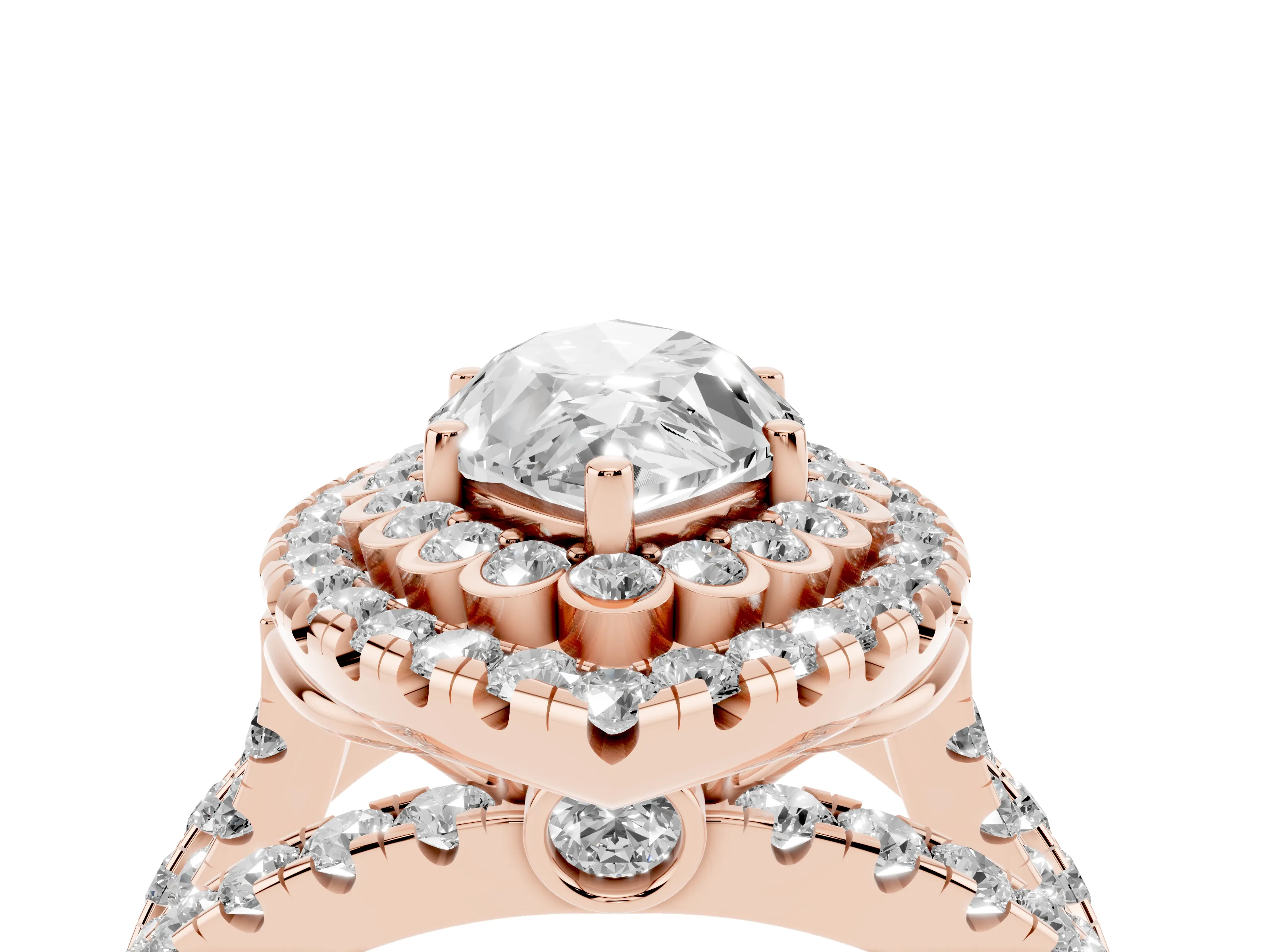 Marquise Cut Diamond Double Halo Ring Set in Rose gold with Round Pavé Split Shank