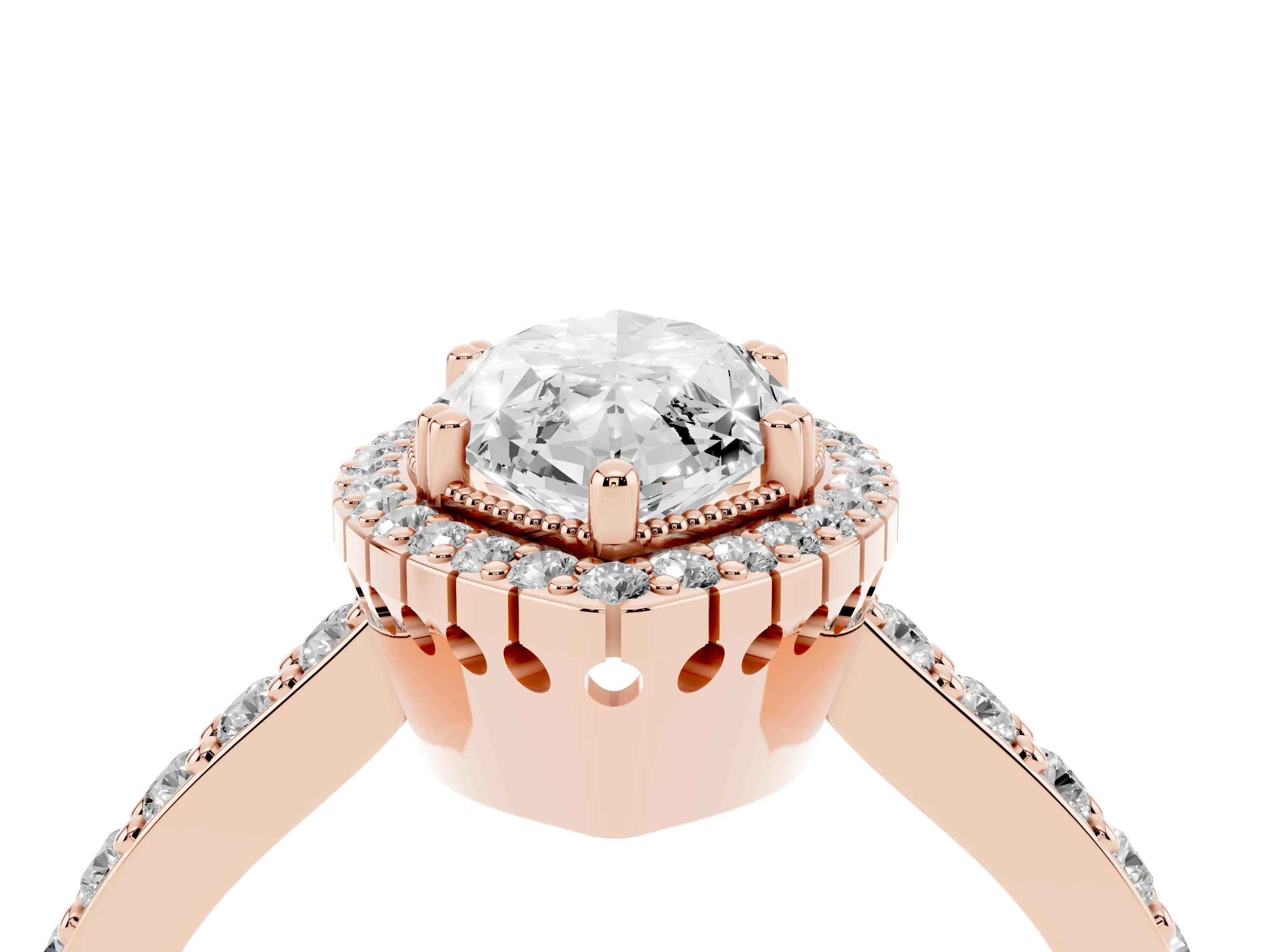 Marquise Cut Diamond Halo Engagement Ring Set in Rose gold with Milgrain Detail and Pavé Band