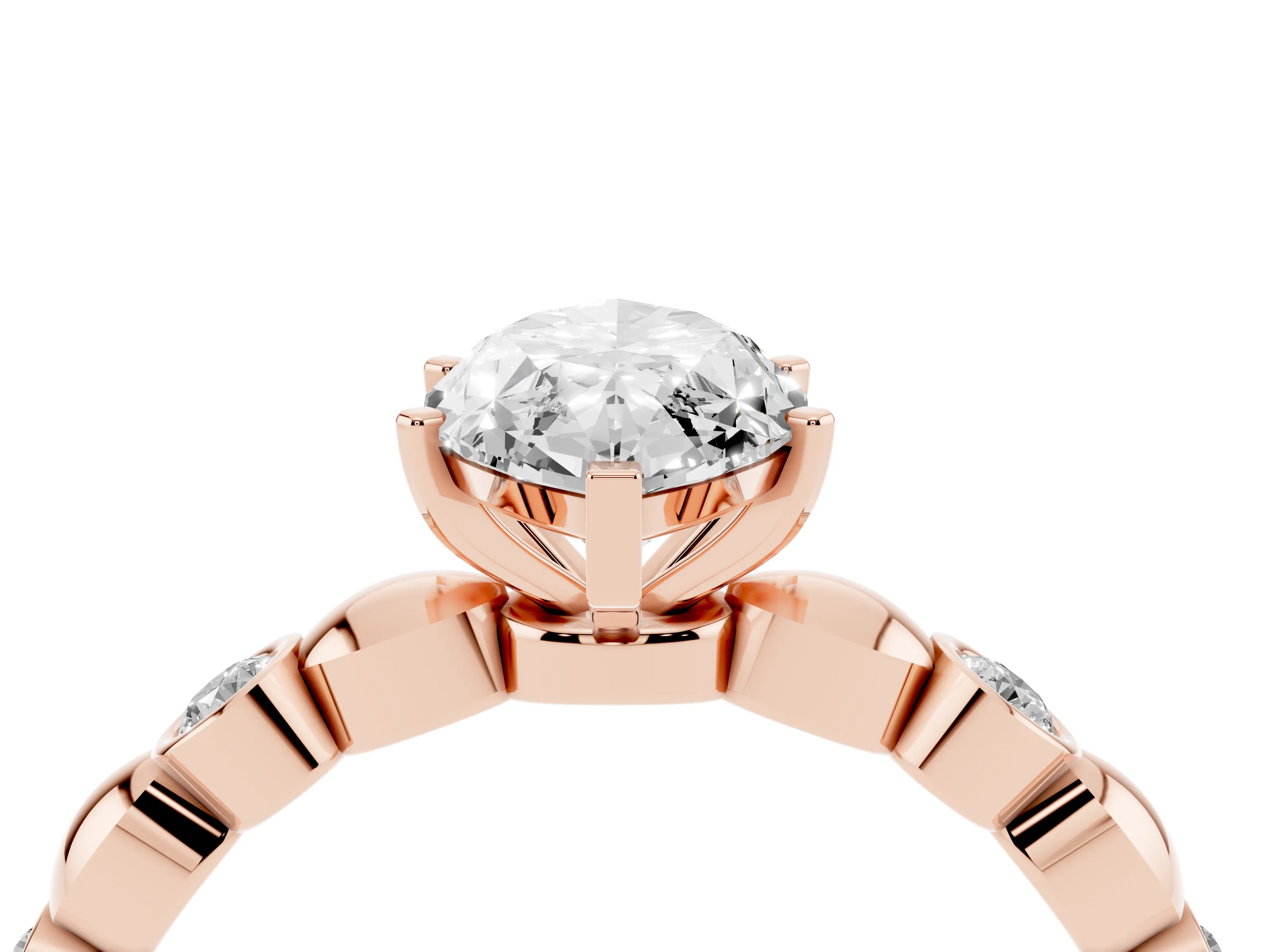 Marquise Cut Diamond Solitaire Ring Set in Rose gold with Bezel-Set Accents on Beaded Band and Prong Setting