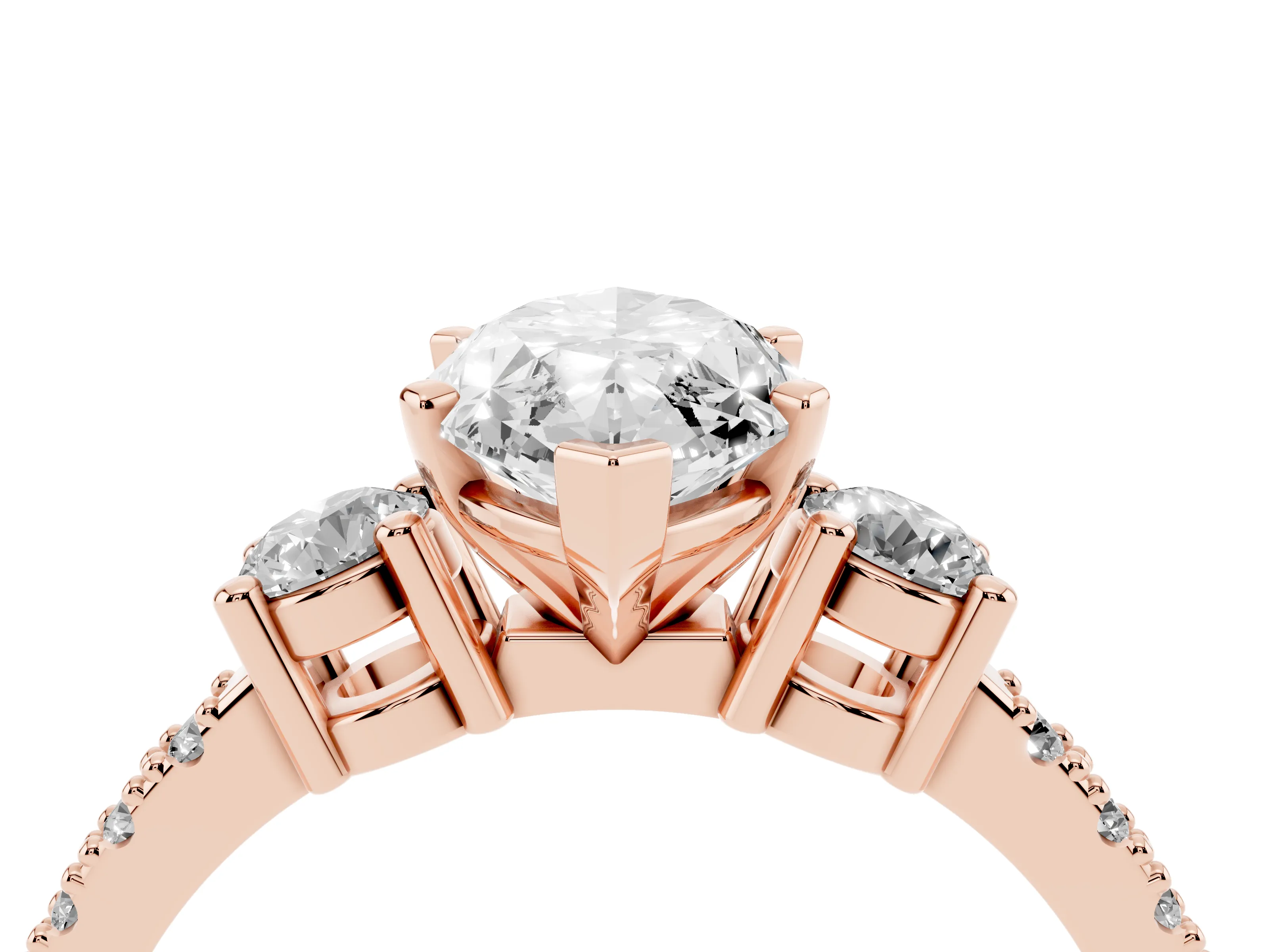 Three-Stone Marquise Cut Diamond Pavé Band Ring Set in Rose gold with Prong Setting