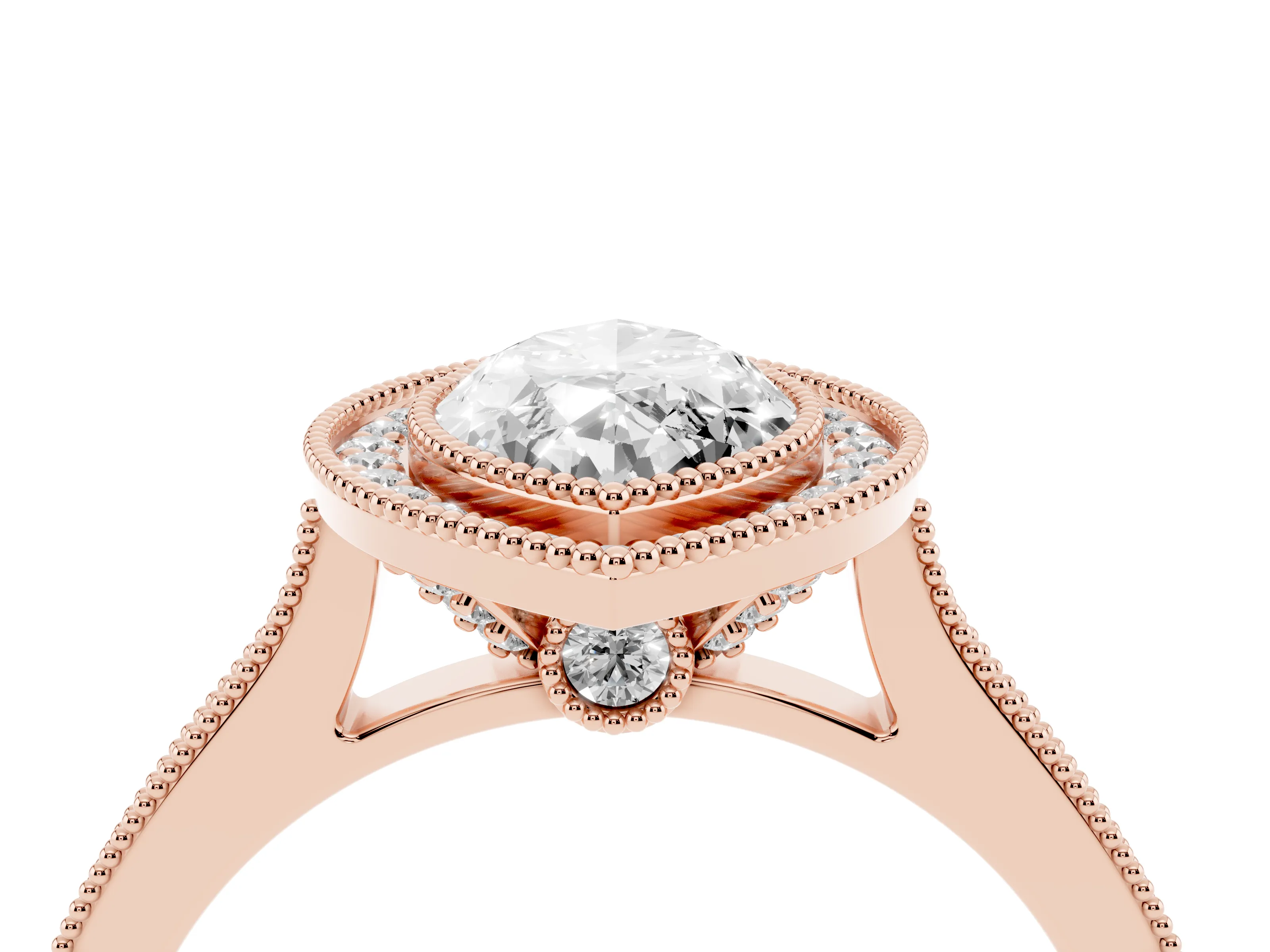 Marquise Cut Diamond Halo Milgrain Pavé Band Ring Set in Rose gold with Prong Setting