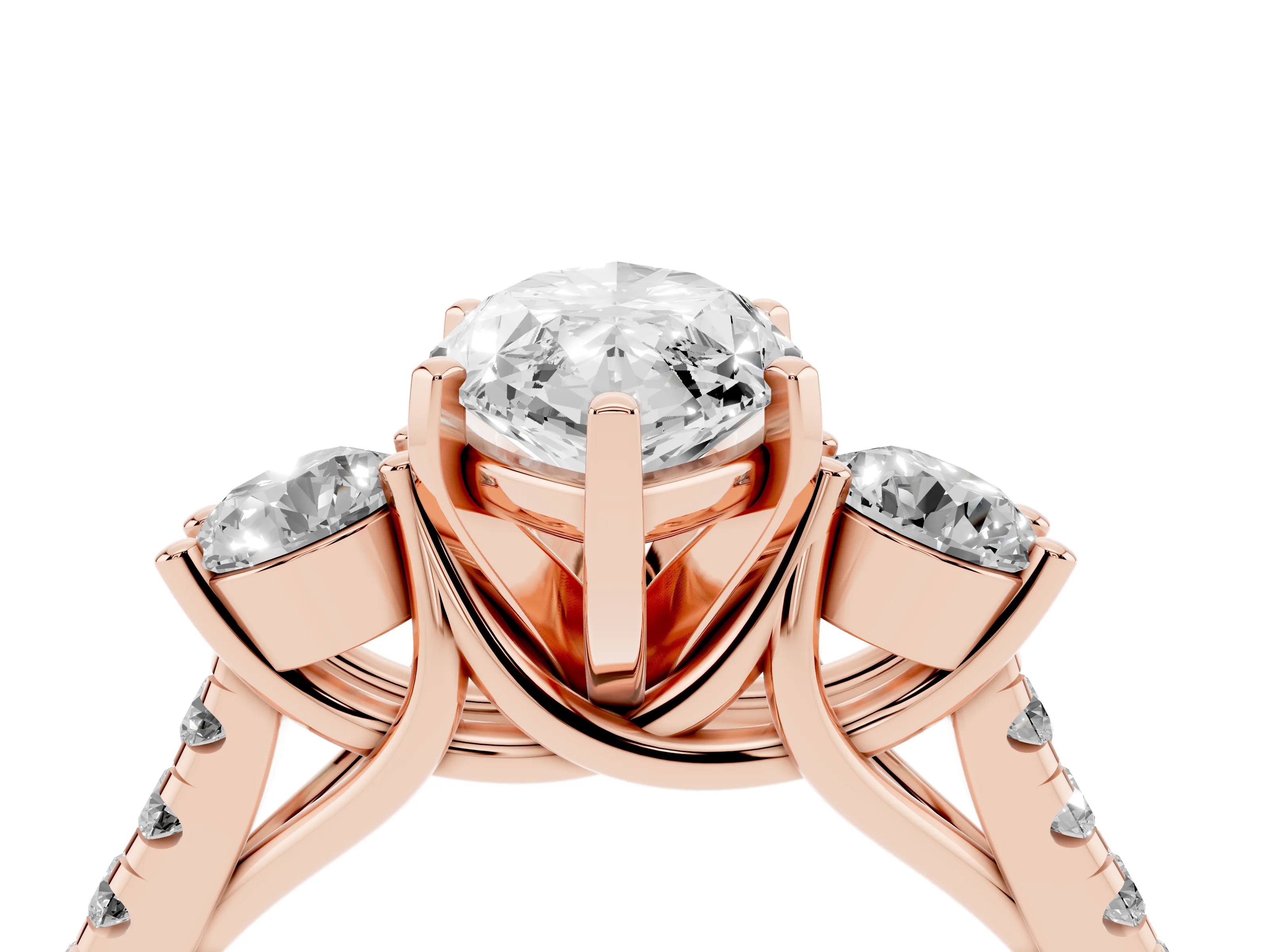 Three-Stone Marquise Cut Diamond Pavé Band Ring Set in Rose gold with Prong-Set Trio