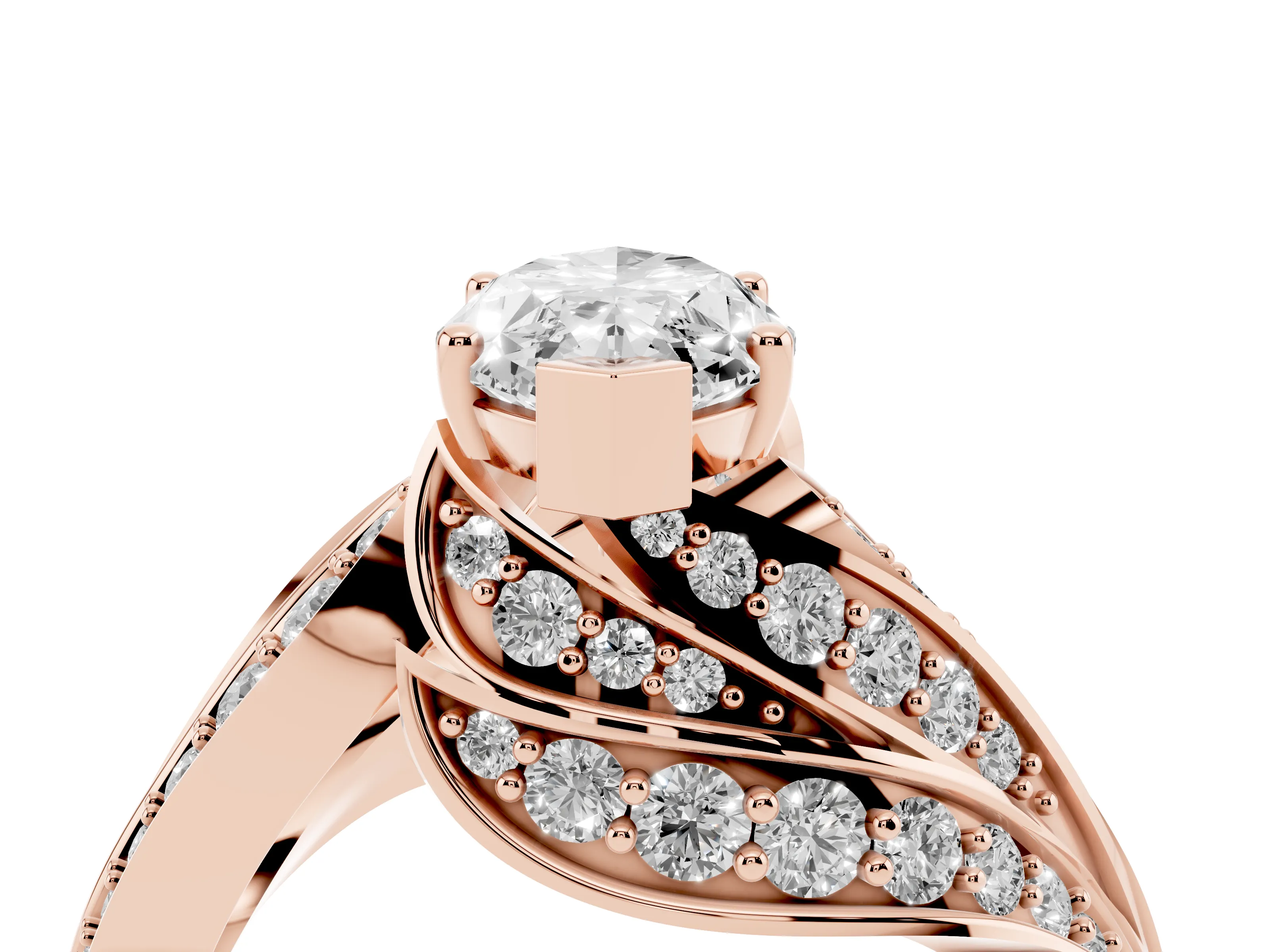 Marquise Cut Diamond Solitaire Ring Set in Rose gold with Layered Twist Pavé Band
