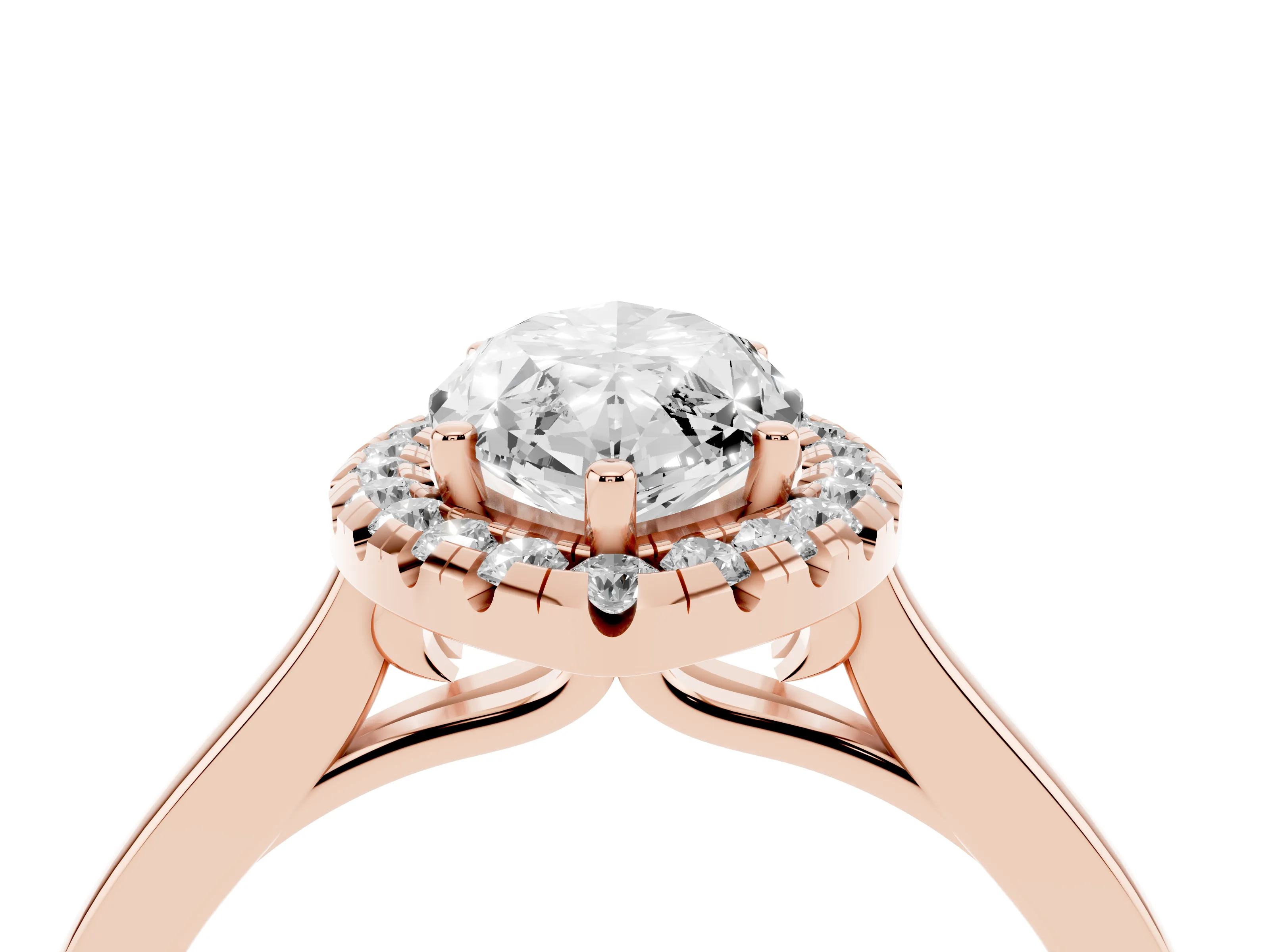 Marquise Cut Halo Round Diamond Solitaire Ring Set in Rose gold with Pavé Band and Prong Setting
