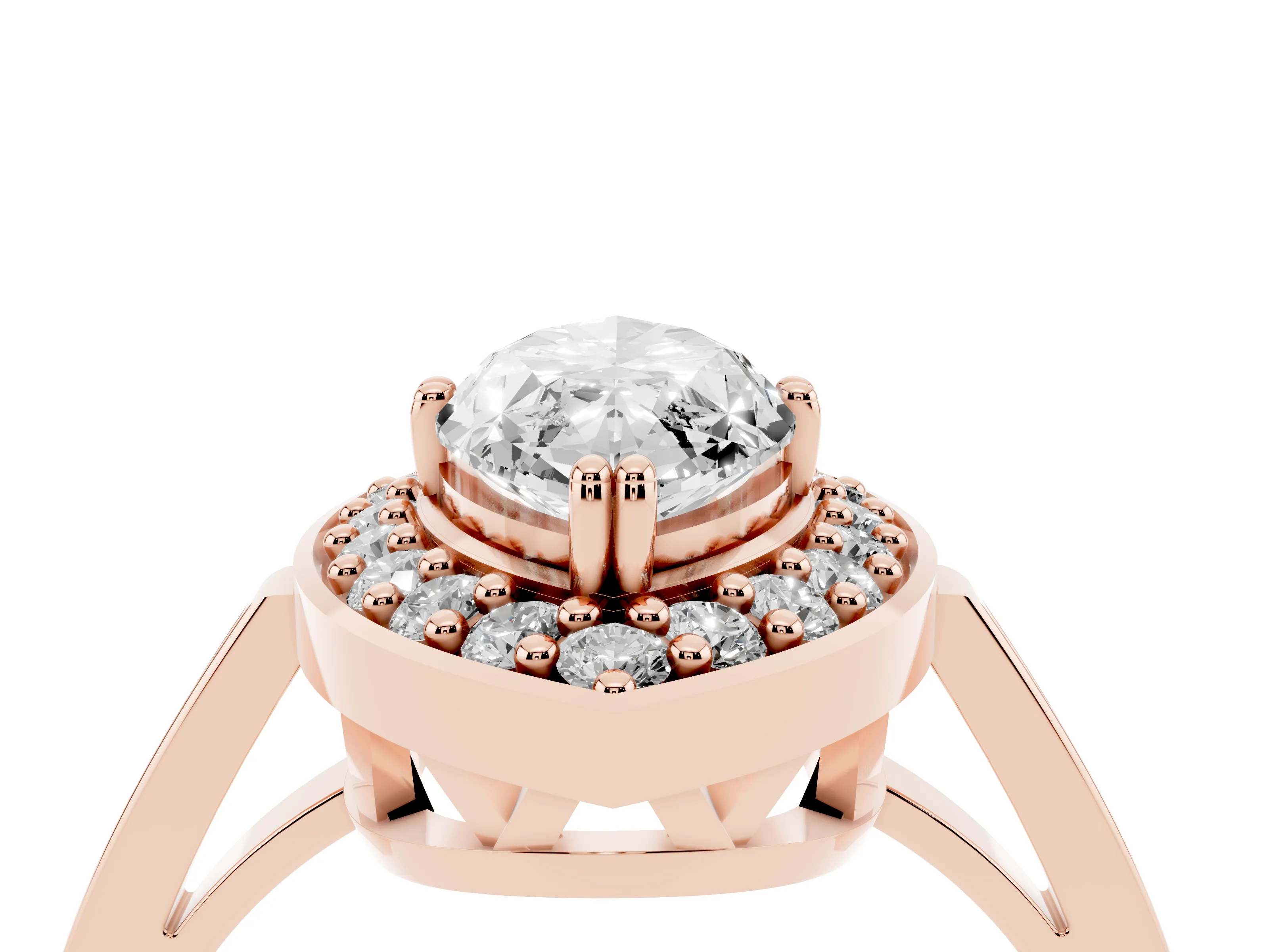 Marquise Cut Diamond Halo Ring Set in Rose gold with Accent-Lined Split Shank and Prong Setting
