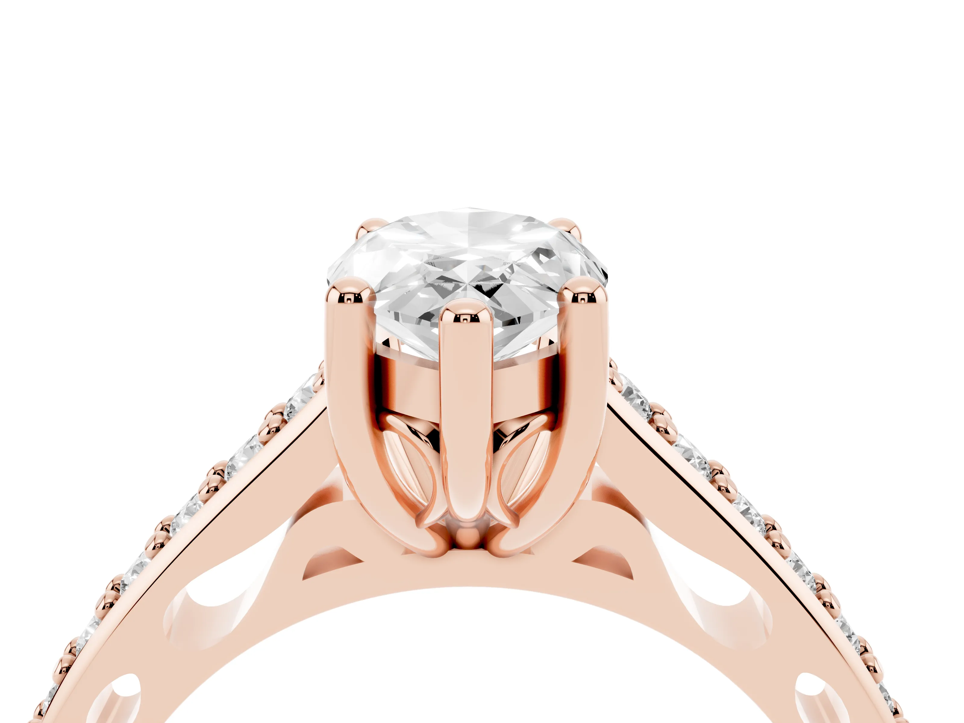 Marquise Cut Diamond Prong Set Solitaire Engagement Ring Set in Rose gold with Pavé Band