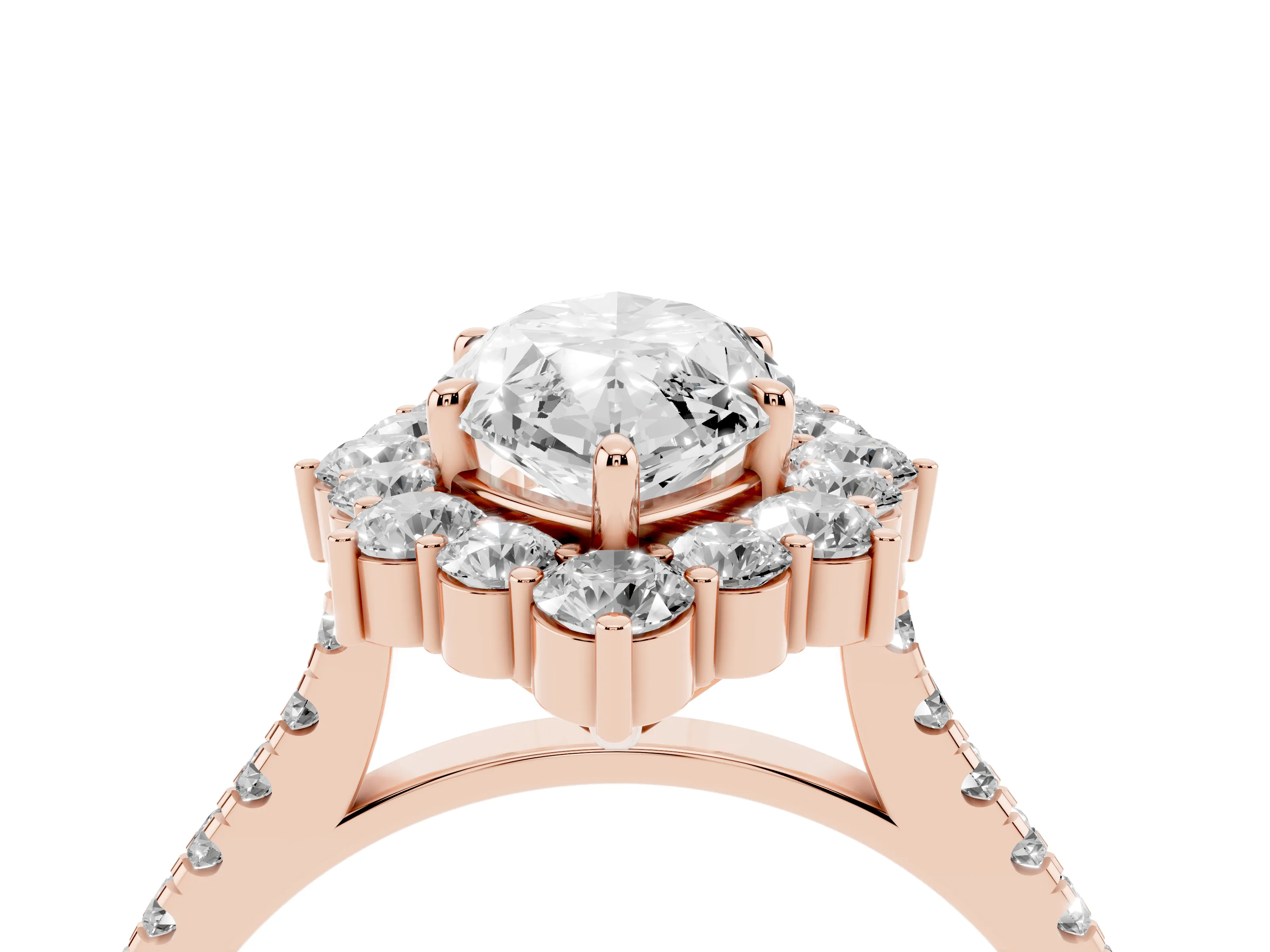 Marquise Cut Diamond Halo Ring Set in Rose gold with Pavé Band and Prong Setting
