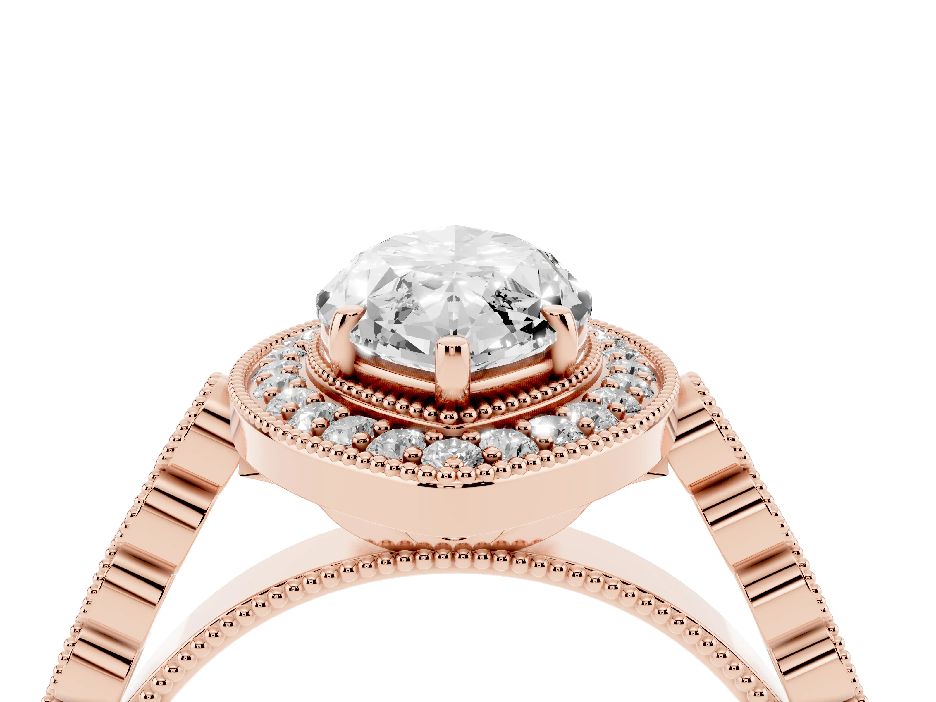 Marquise Cut Diamond Milgrain Halo Solitaire Ring Set in Rose gold with Bezel Set Side Stones and Pavé Band
