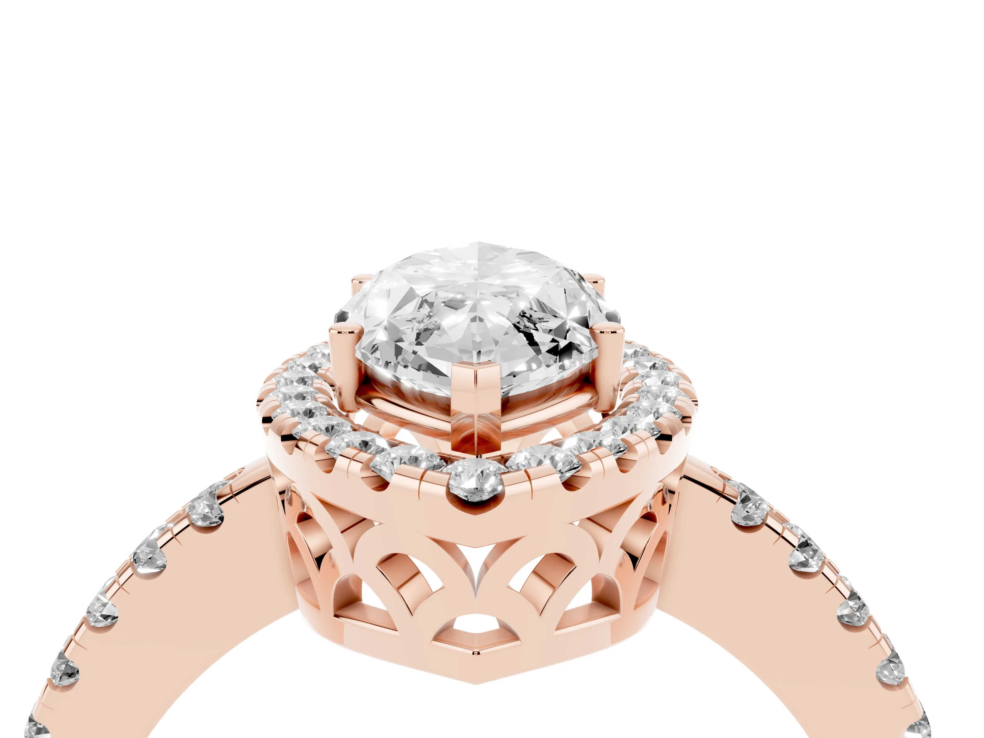 Marquise Cut Diamond Pavé Band Halo Engagement Ring Set in Rose gold with Prong Setting