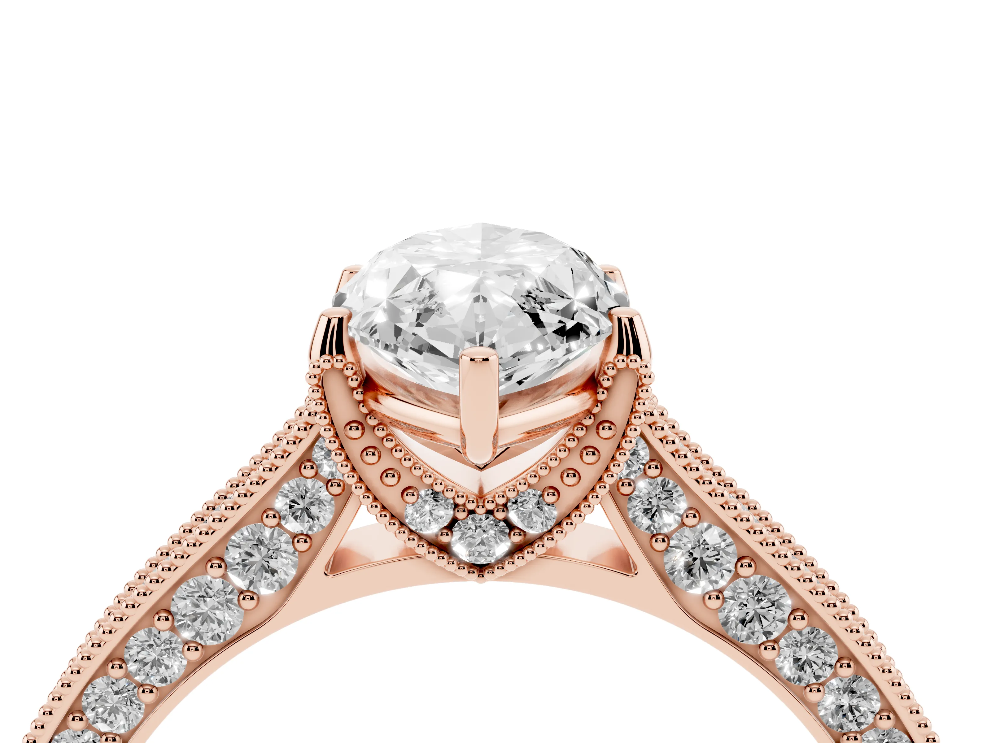 Marquise Cut Diamond Solitaire Ring Set in Rose gold with Milgrain-Edged Pavé Band and Prong Setting