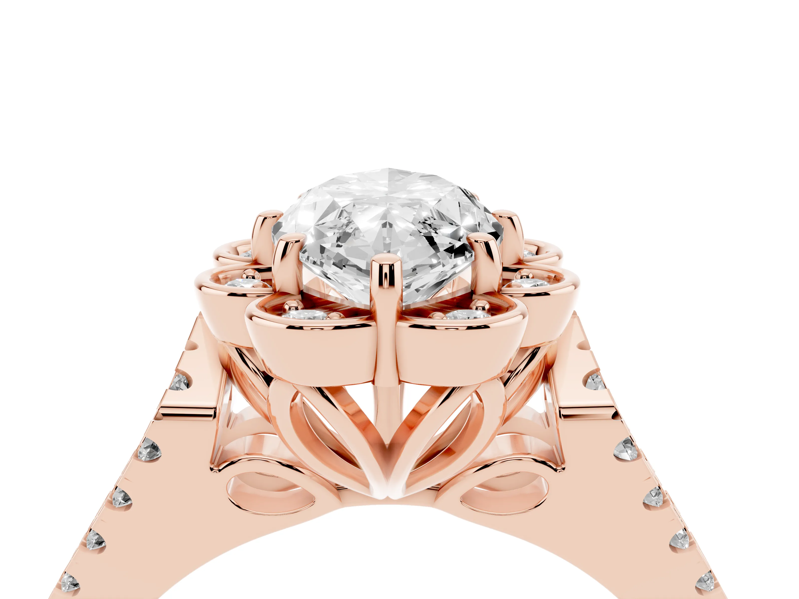 Marquise Cut Diamond Floral Halo Split Shank Engagement Ring Set in Rose gold with Pavé Shank