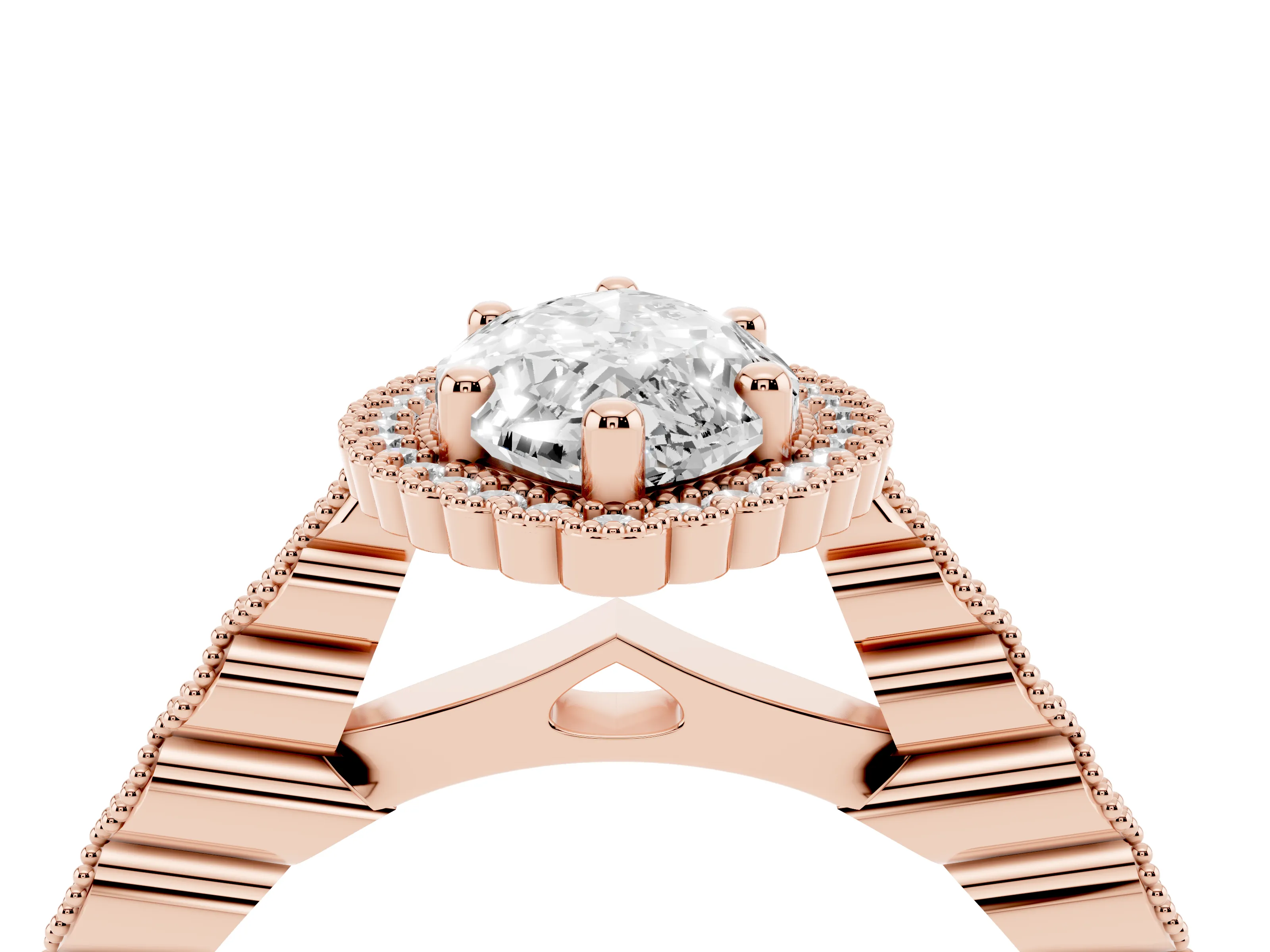Marquise Cut Diamond Halo Ring Set in Rose gold with Pavé Milgrain Band