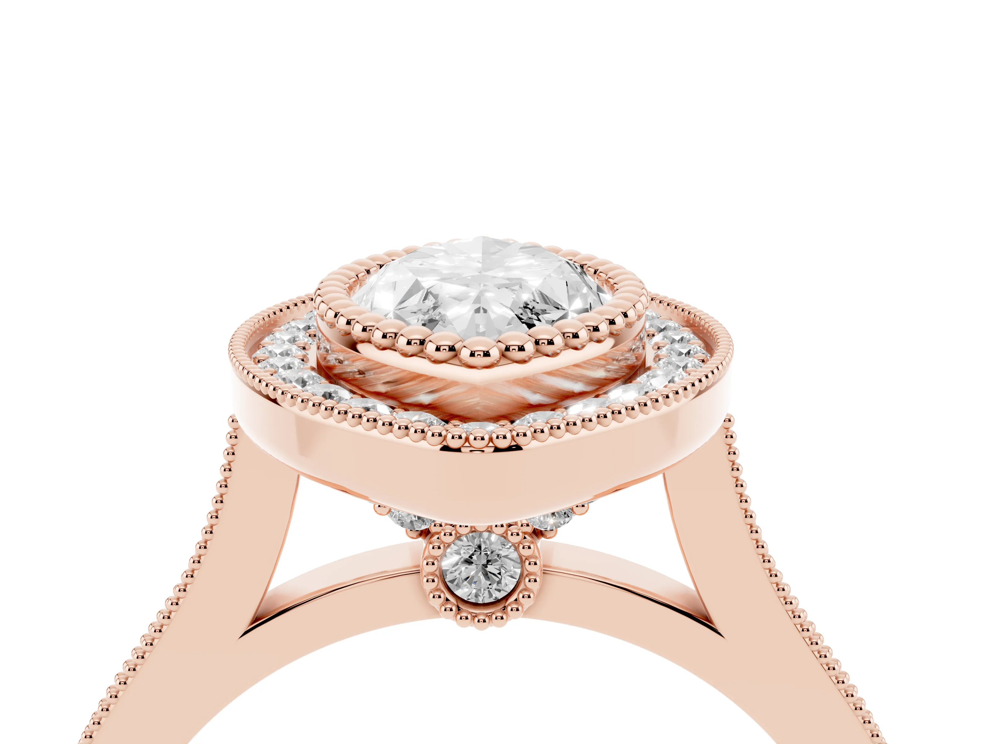 Marquise Cut Diamond Halo Ring Set in Rose gold with Milgrain Frame and Pavé Band