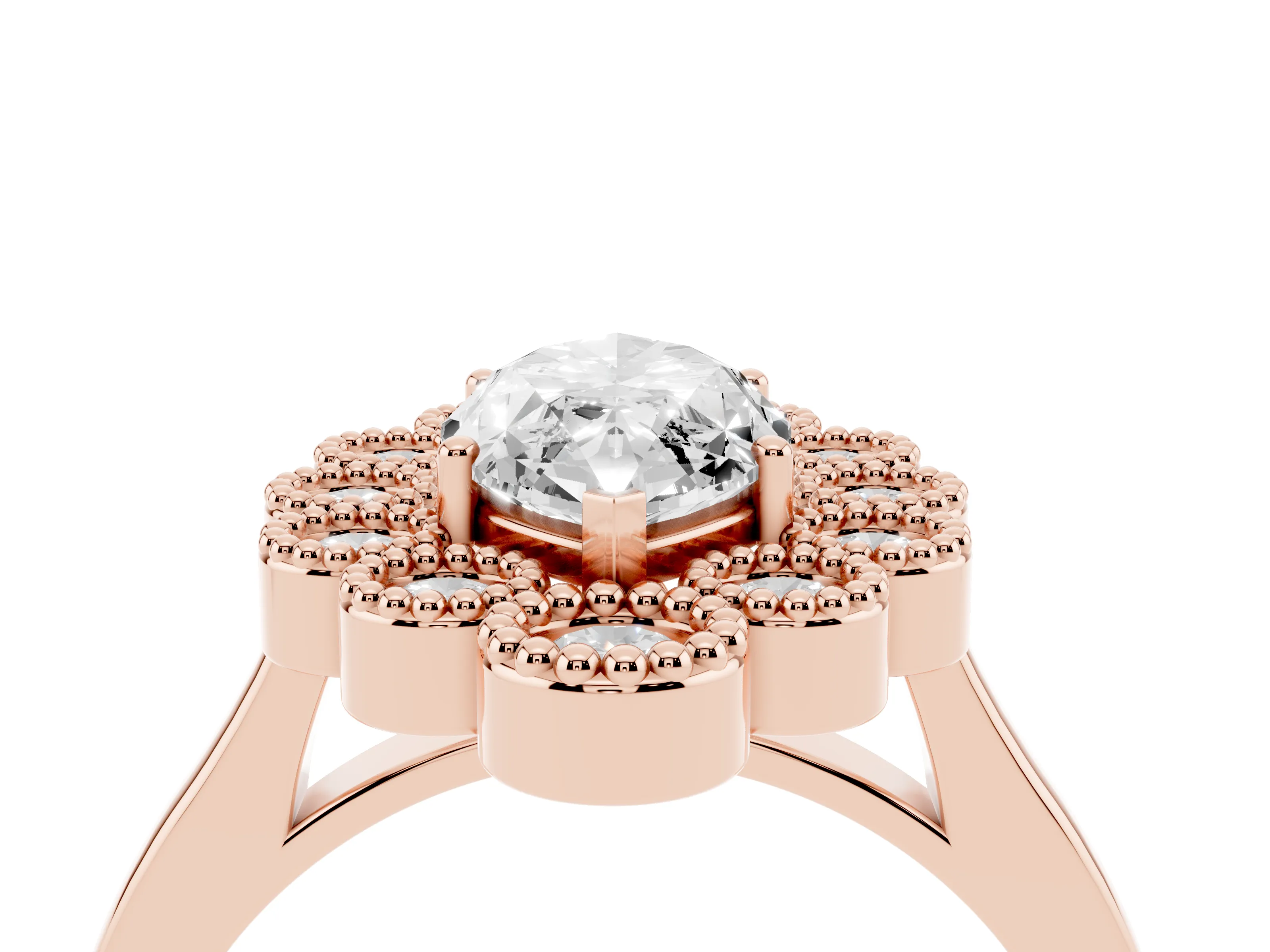 Marquise Cut Diamond Cluster Halo Ring Set in Rose gold with Milgrain Bezel Accents and Plain Band