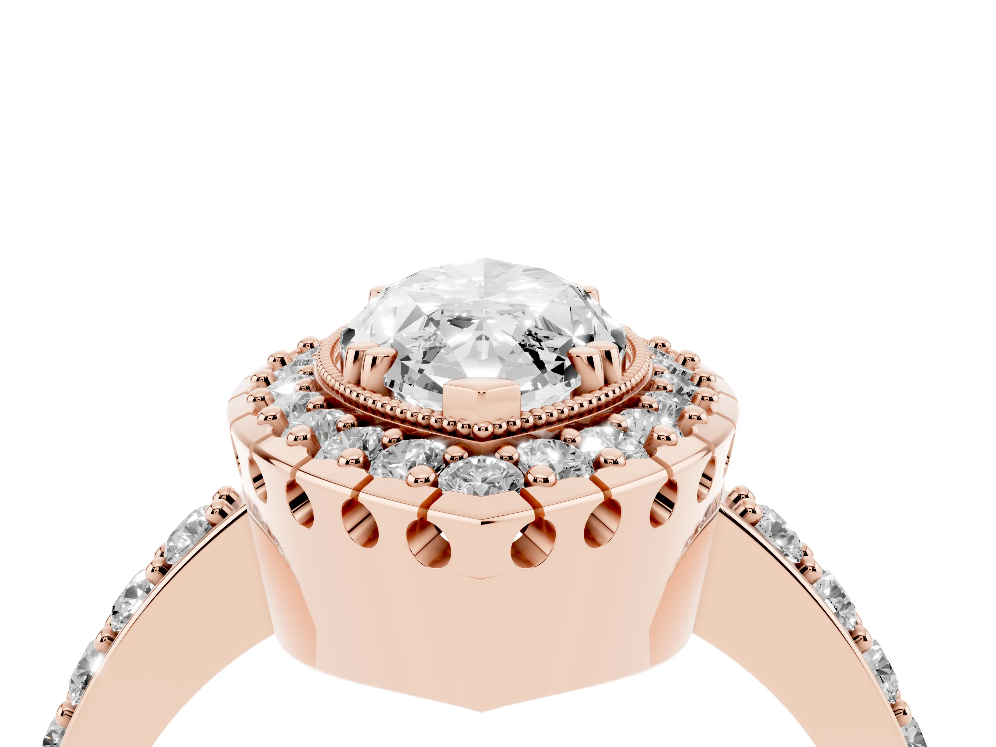 Marquise Cut Diamond Halo Ring Set in Rose gold with Pavé Shank and Prong Setting