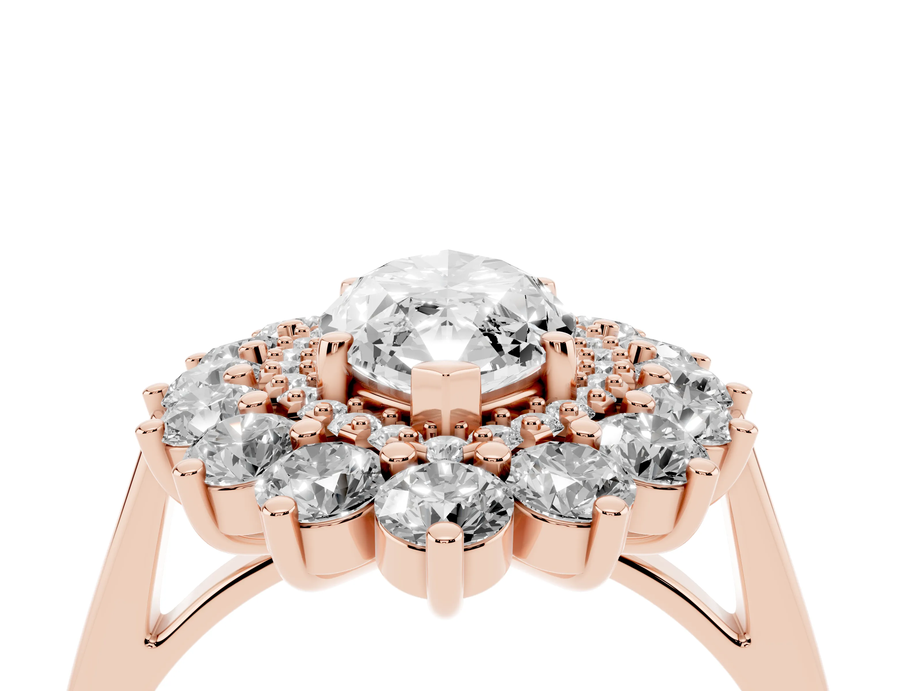 Marquise Cut Diamond Floral Double Halo Ring Set in Rose gold with Round Petals
