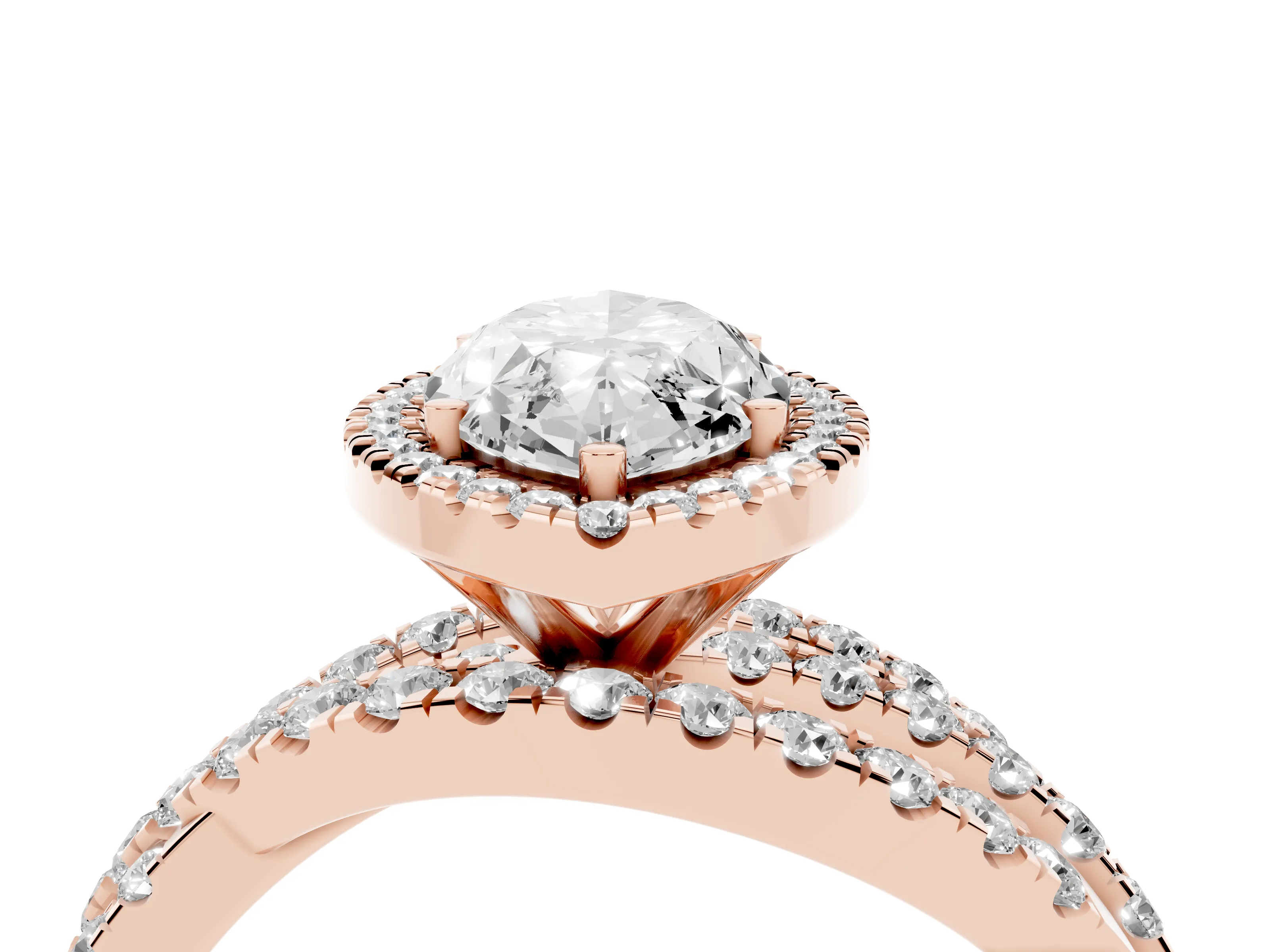 Marquise Cut Diamond Halo Ring Set in Rose gold with Round Crossover Split Shank and Prong Setting
