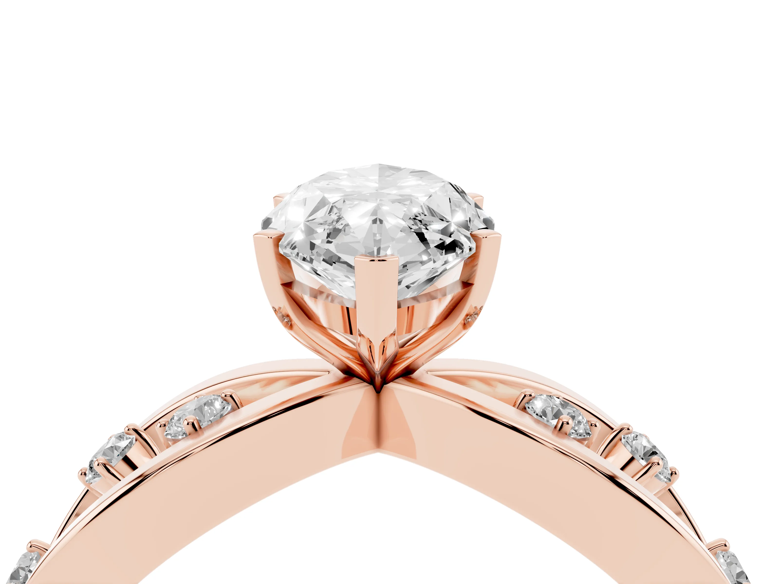 Marquise Cut Diamond Solitaire Ring Set in Rose gold with Side Stones on Criss-Cross Band and Prong Setting