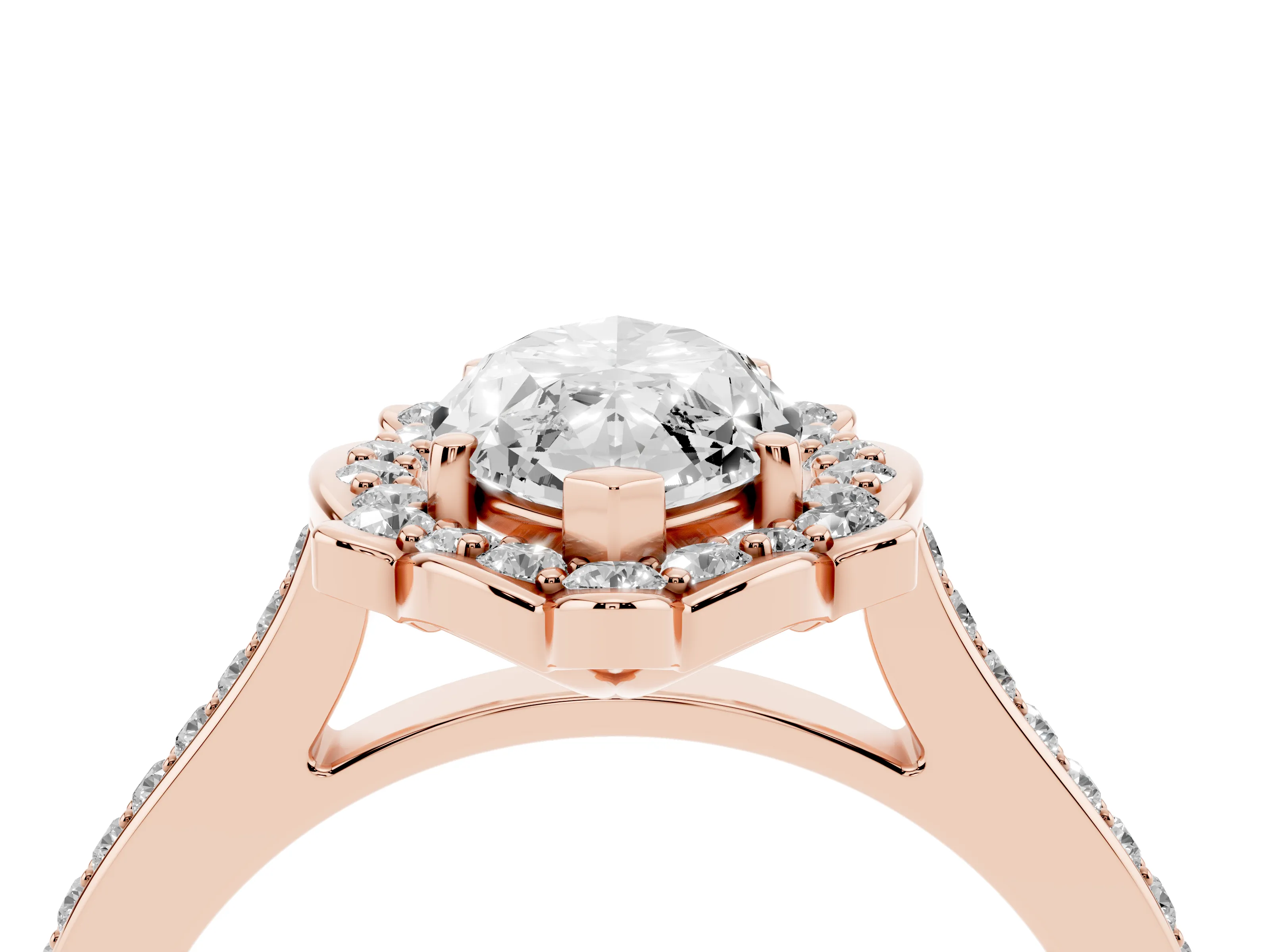 Marquise Cut Diamond Halo Ring Set in Rose gold with Pavé-Lined Shoulders and Prong Setting